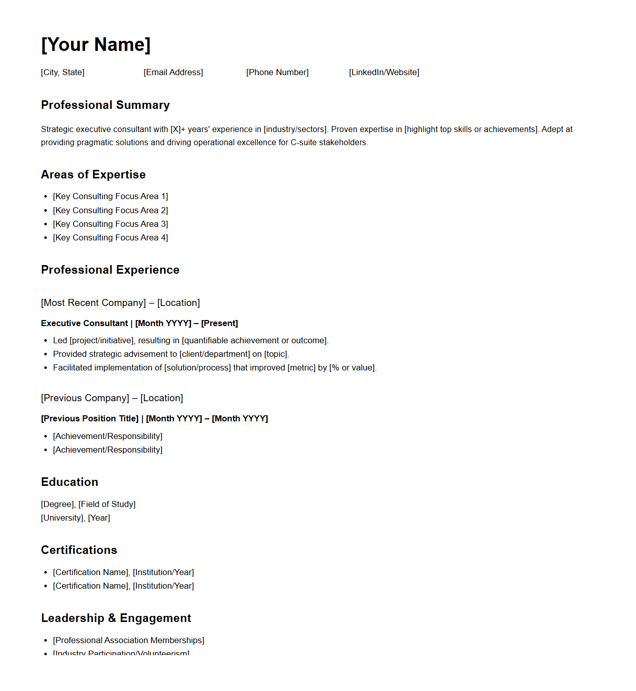 Executive Consultant Resume Outline
