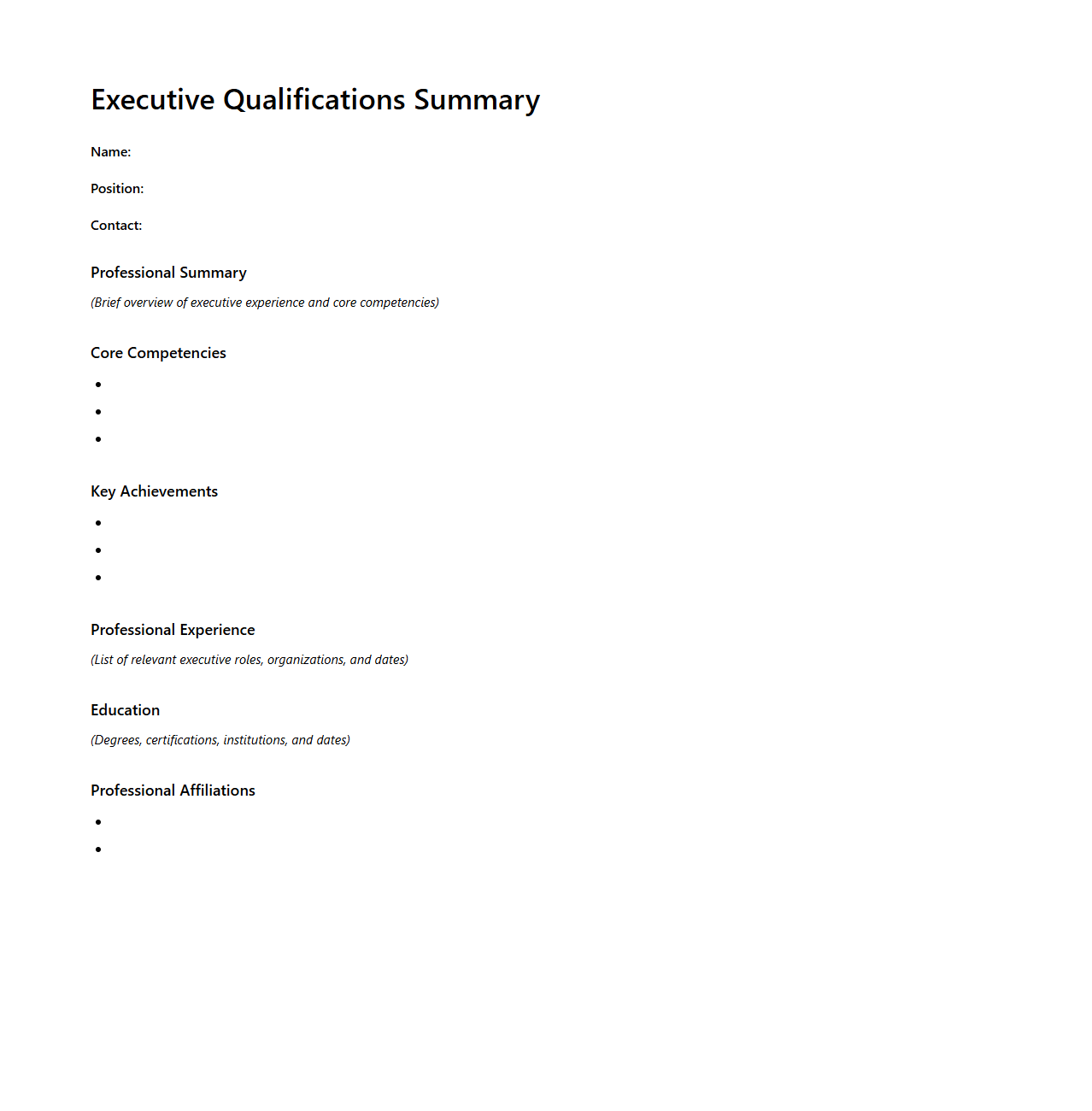 Executive Qualifications Summary Template