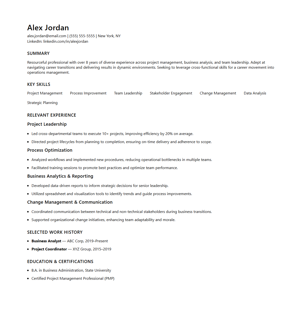 Experience-Based Functional Resume for Career Movements