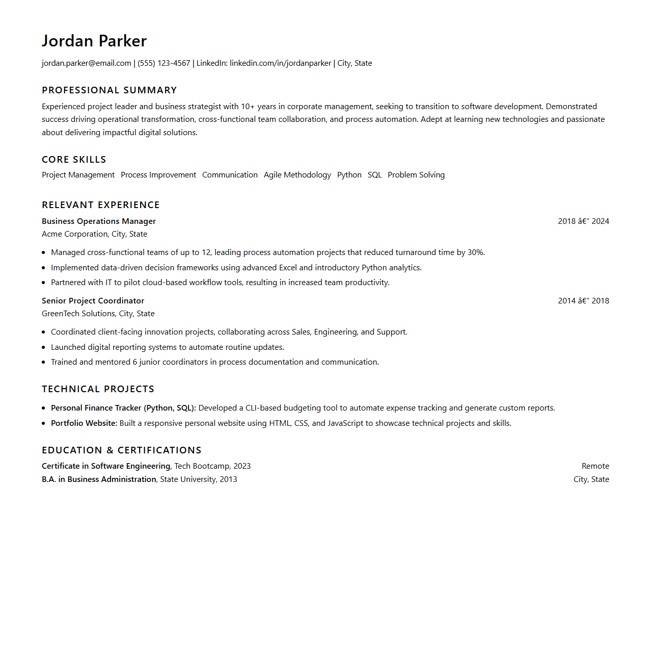 Experienced Professional Career Change Resume