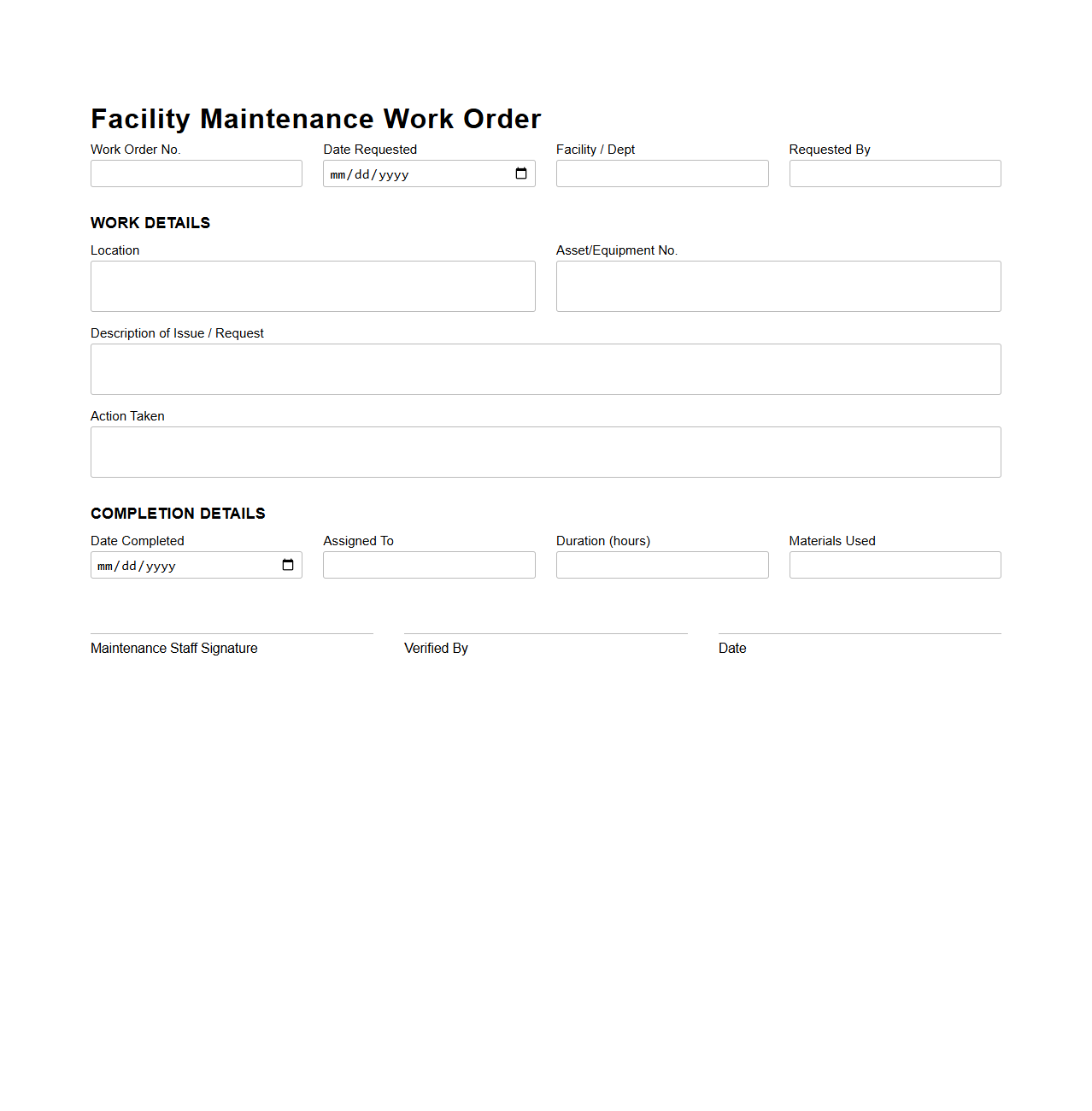 Facility Maintenance Work Order Format