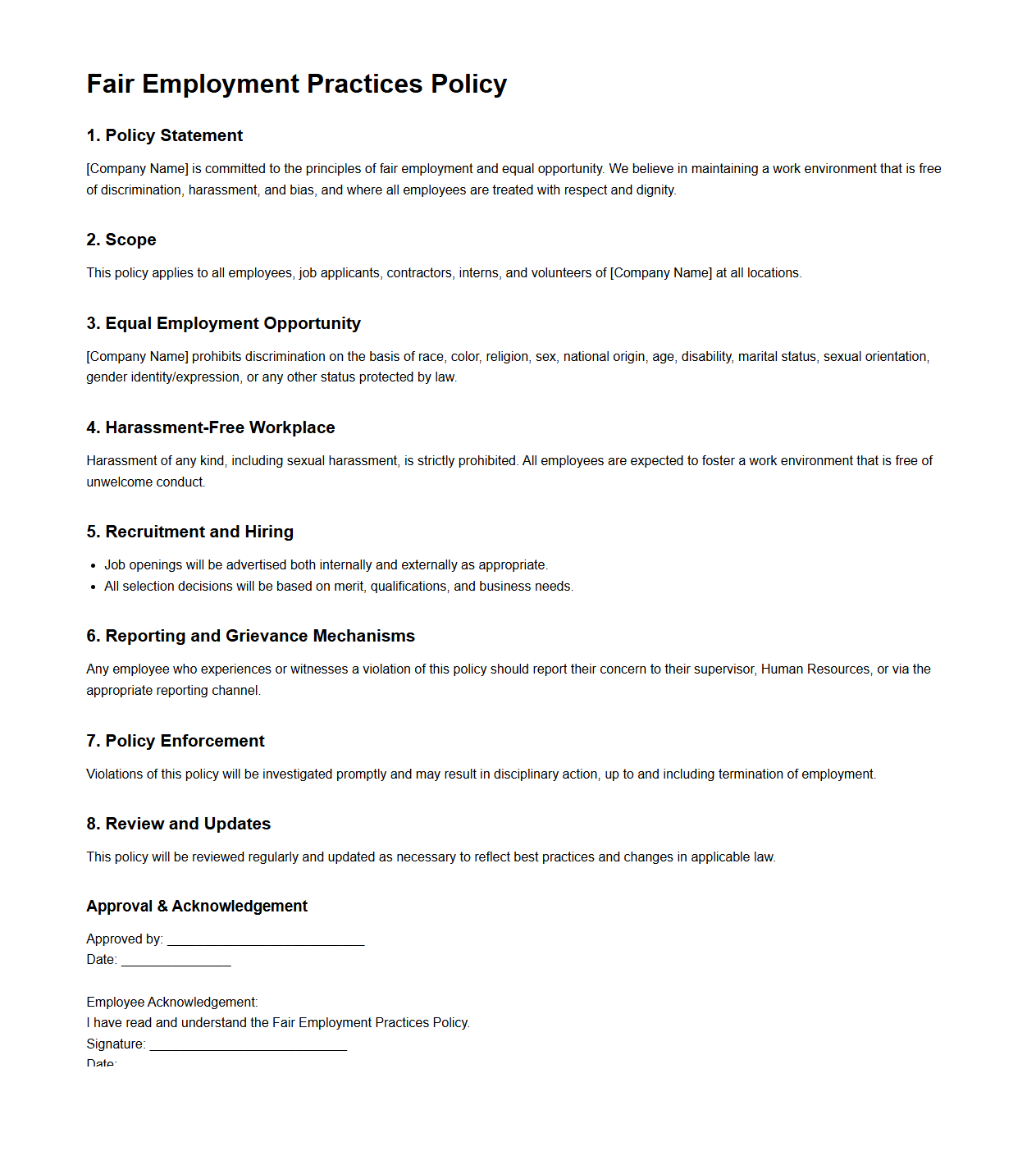 Fair Employment Practices Policy Layout