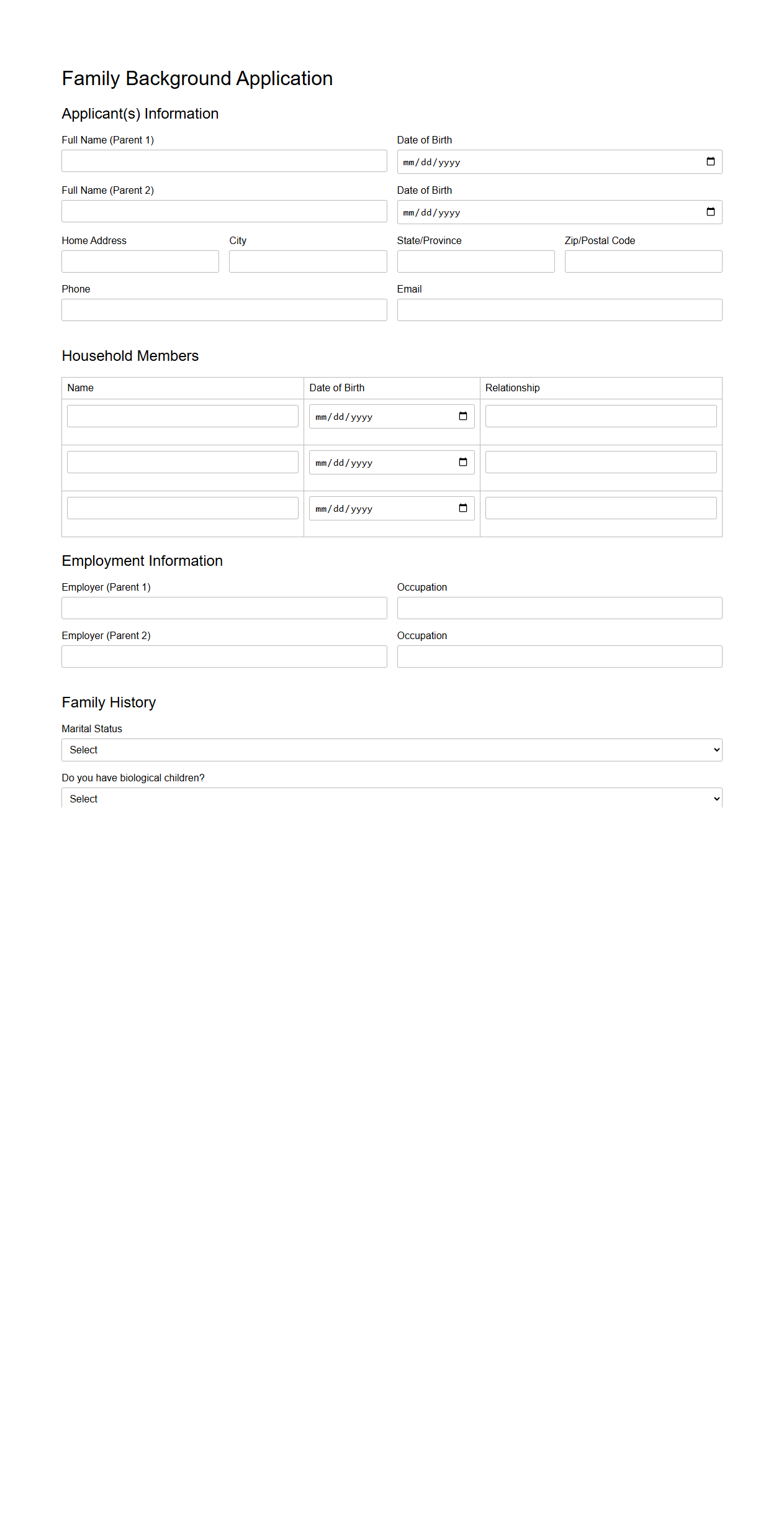 Family Background Application Template for Adoption Agencies