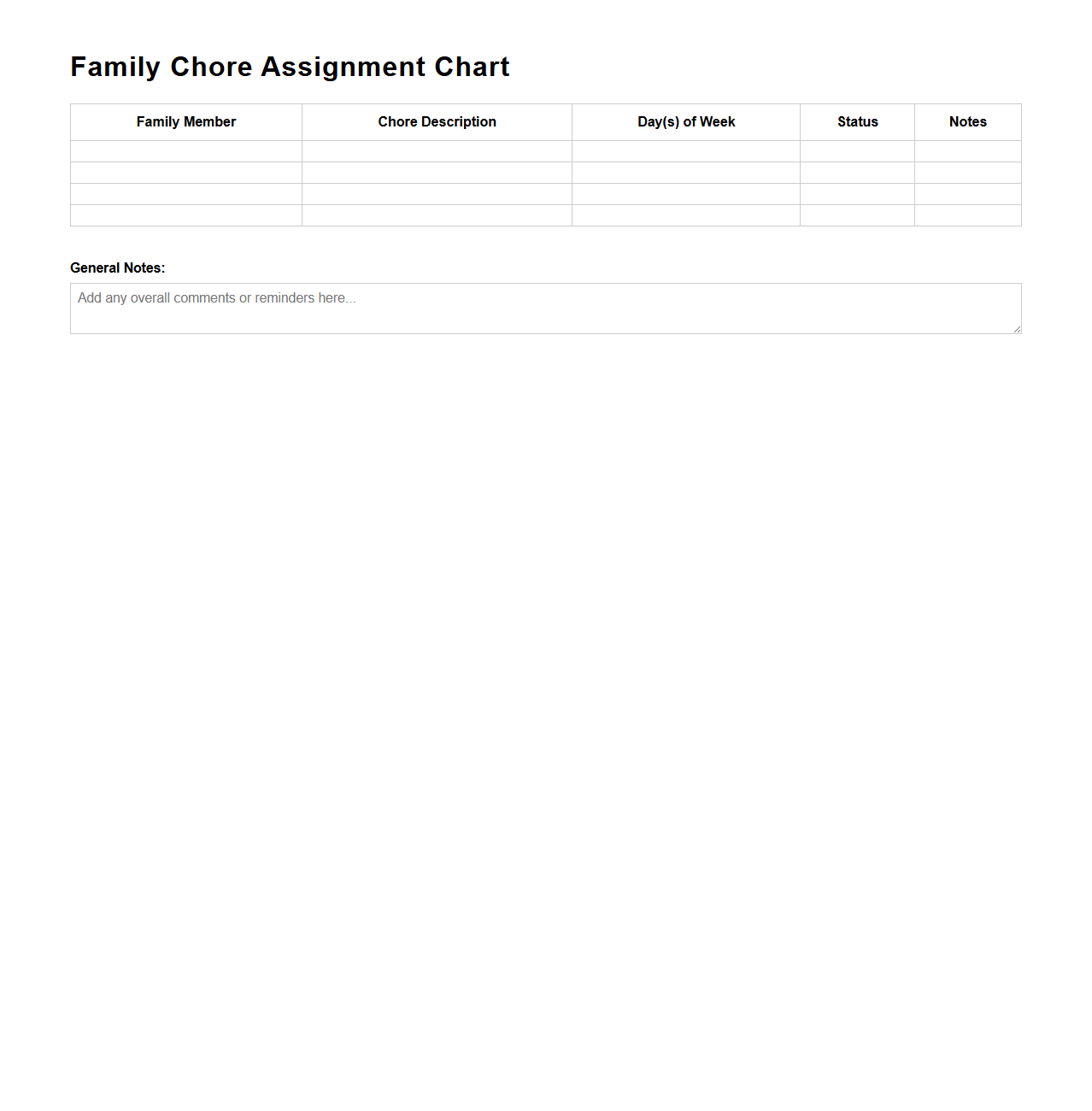 Family Chore Assignment Chart Template