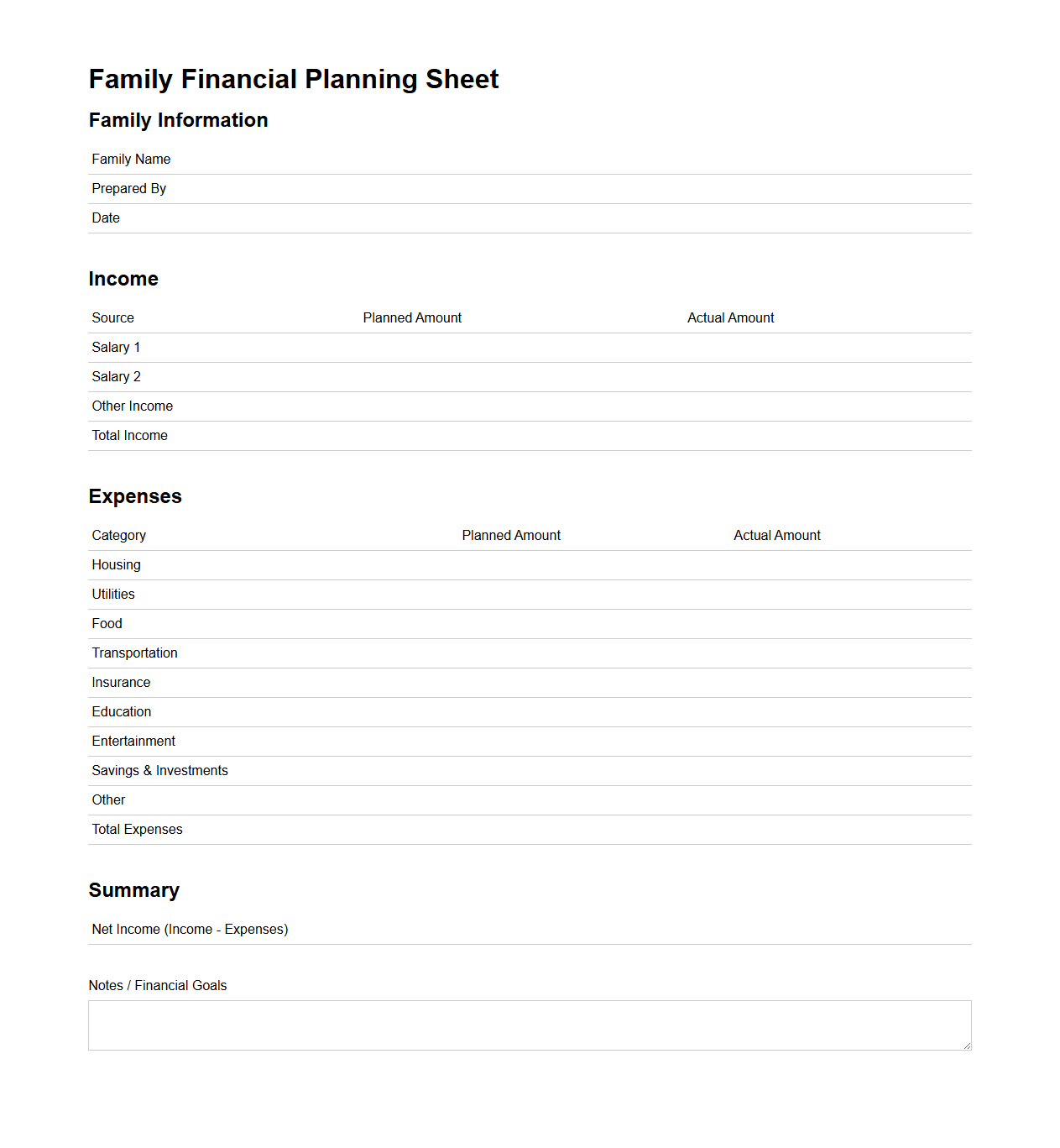 Family Financial Planning Sheet