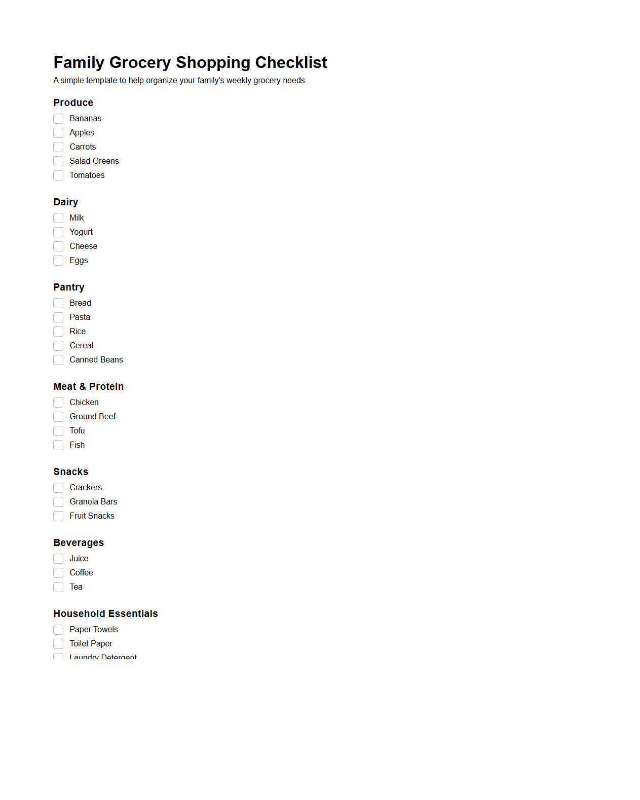 Family Grocery Shopping Checklist for Household Organization