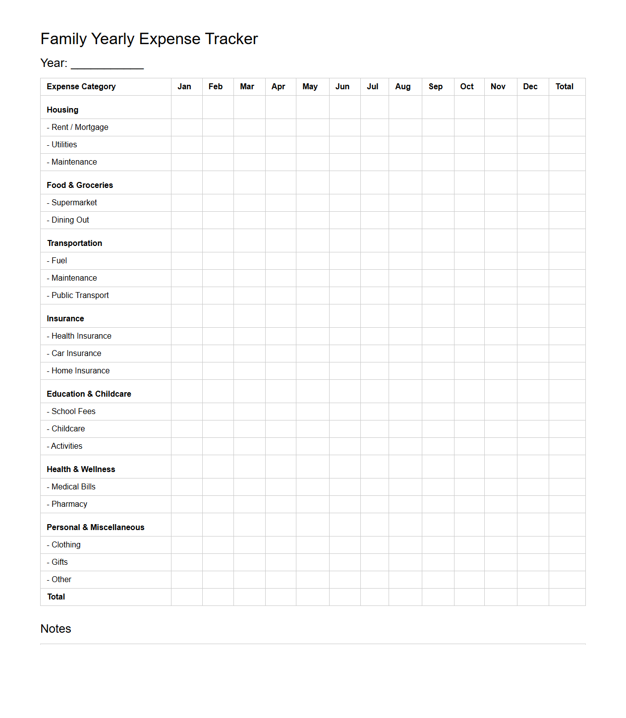 Family Yearly Expense Tracker Template