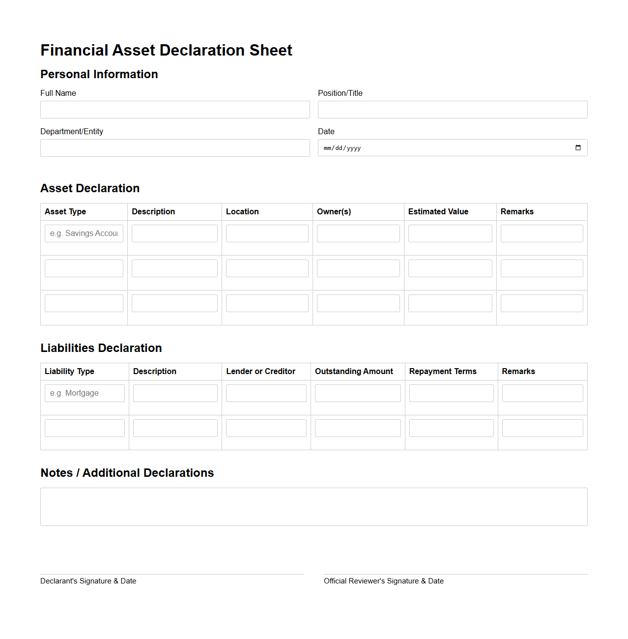 Financial Asset Declaration Sheet