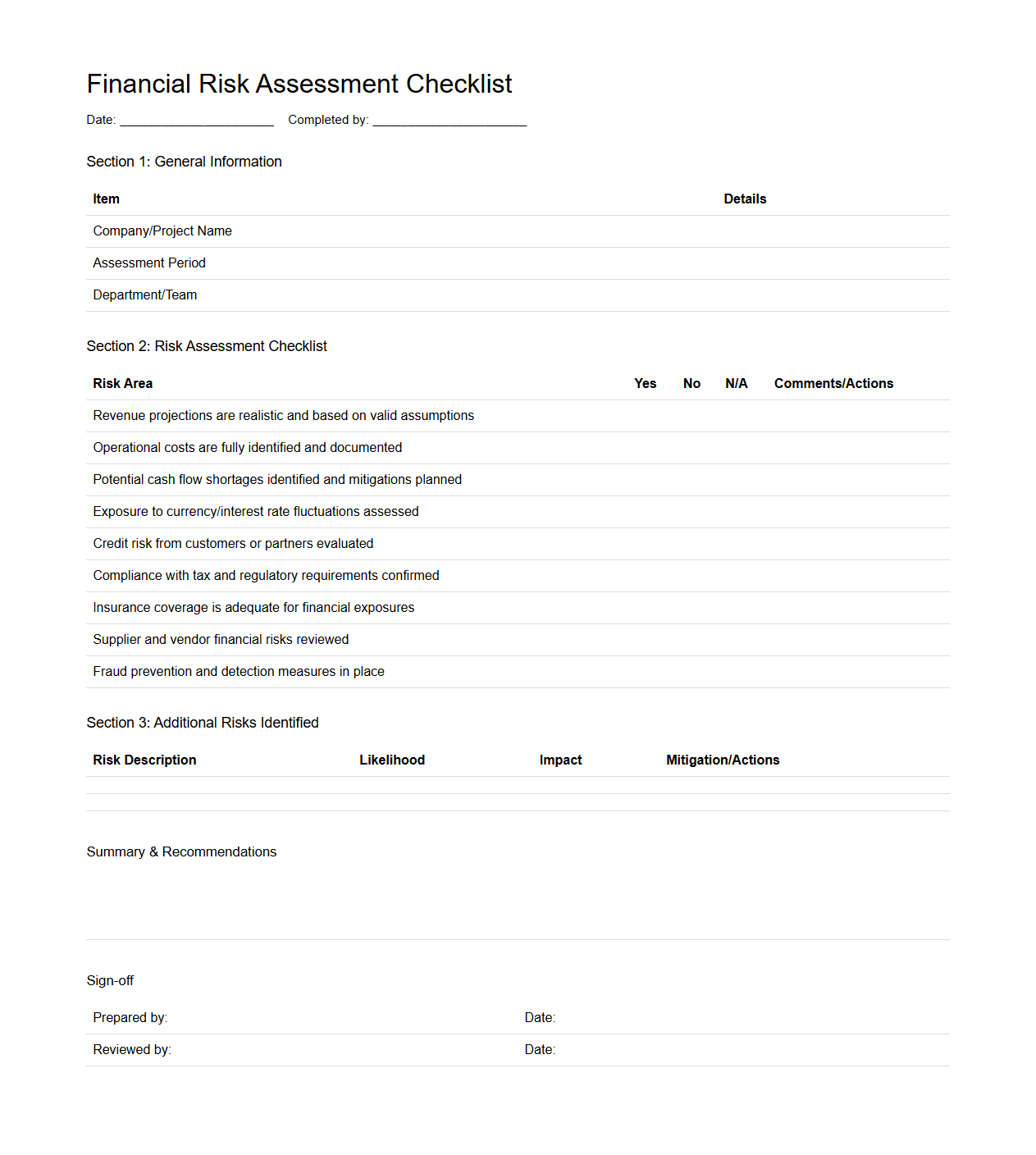 Financial Risk Assessment Checklist Template