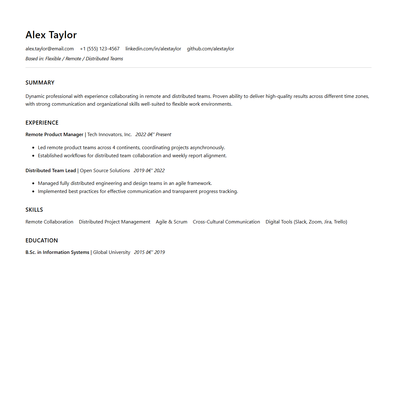 Flexible Location Resume Template for Distributed Teams