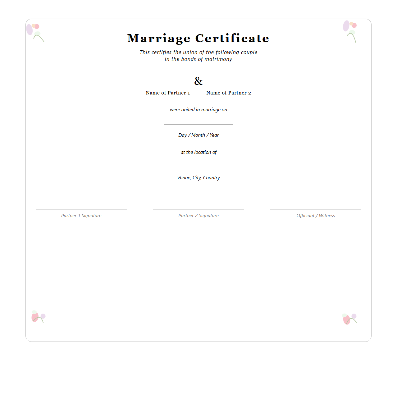 Floral Marriage Certificate Template for Couples
