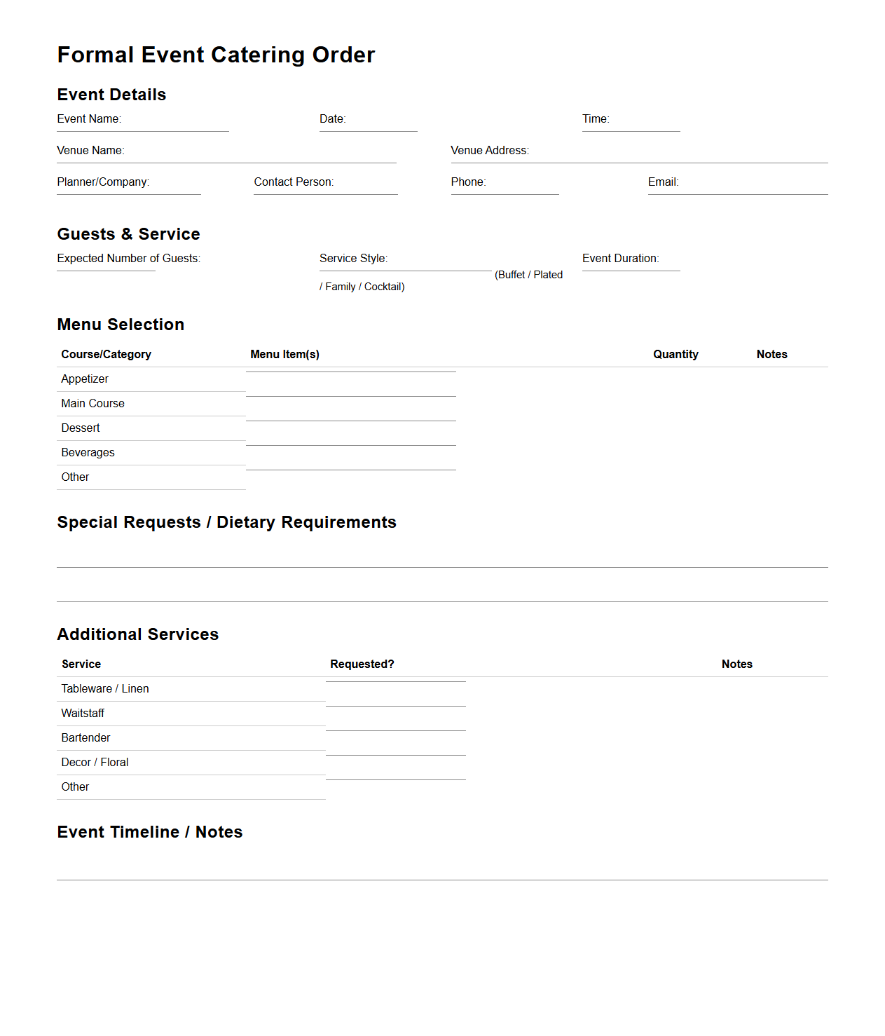 Formal Event Catering Order Layout for Planners