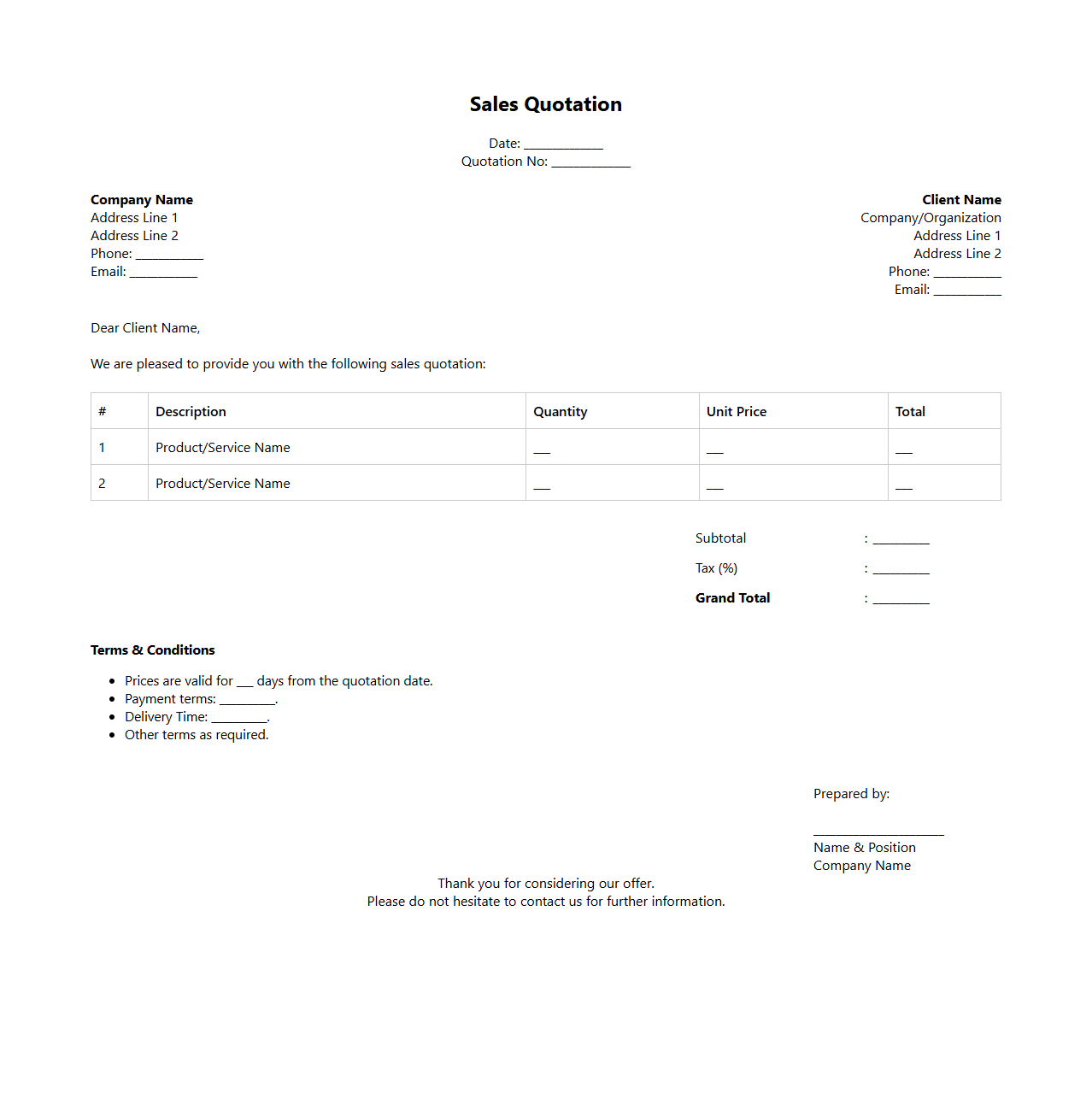 Formal Sales Quotation Paper for Client Offers
