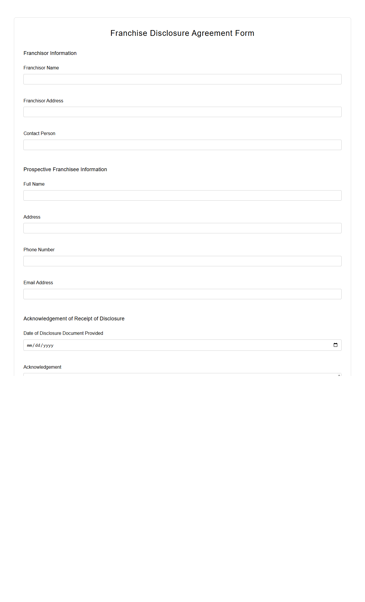 Franchise Disclosure Agreement Form for Prospective Franchisees