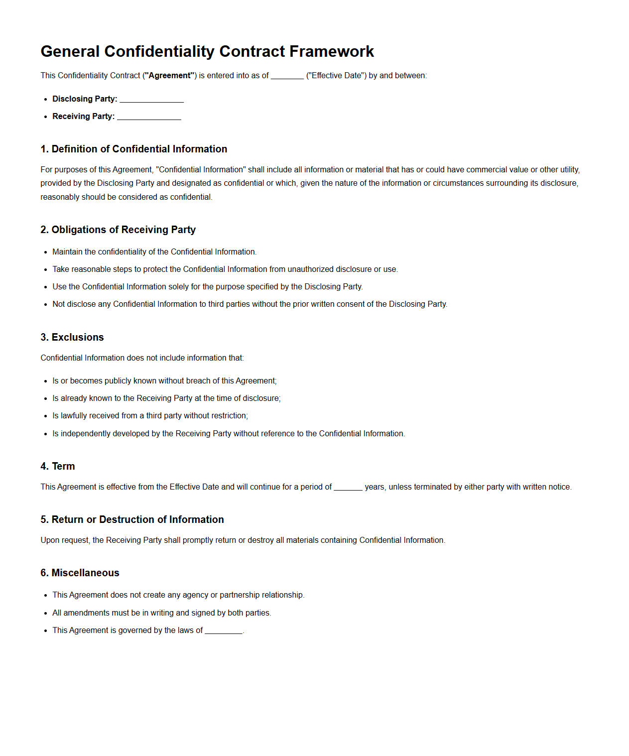 General Confidentiality Contract Framework