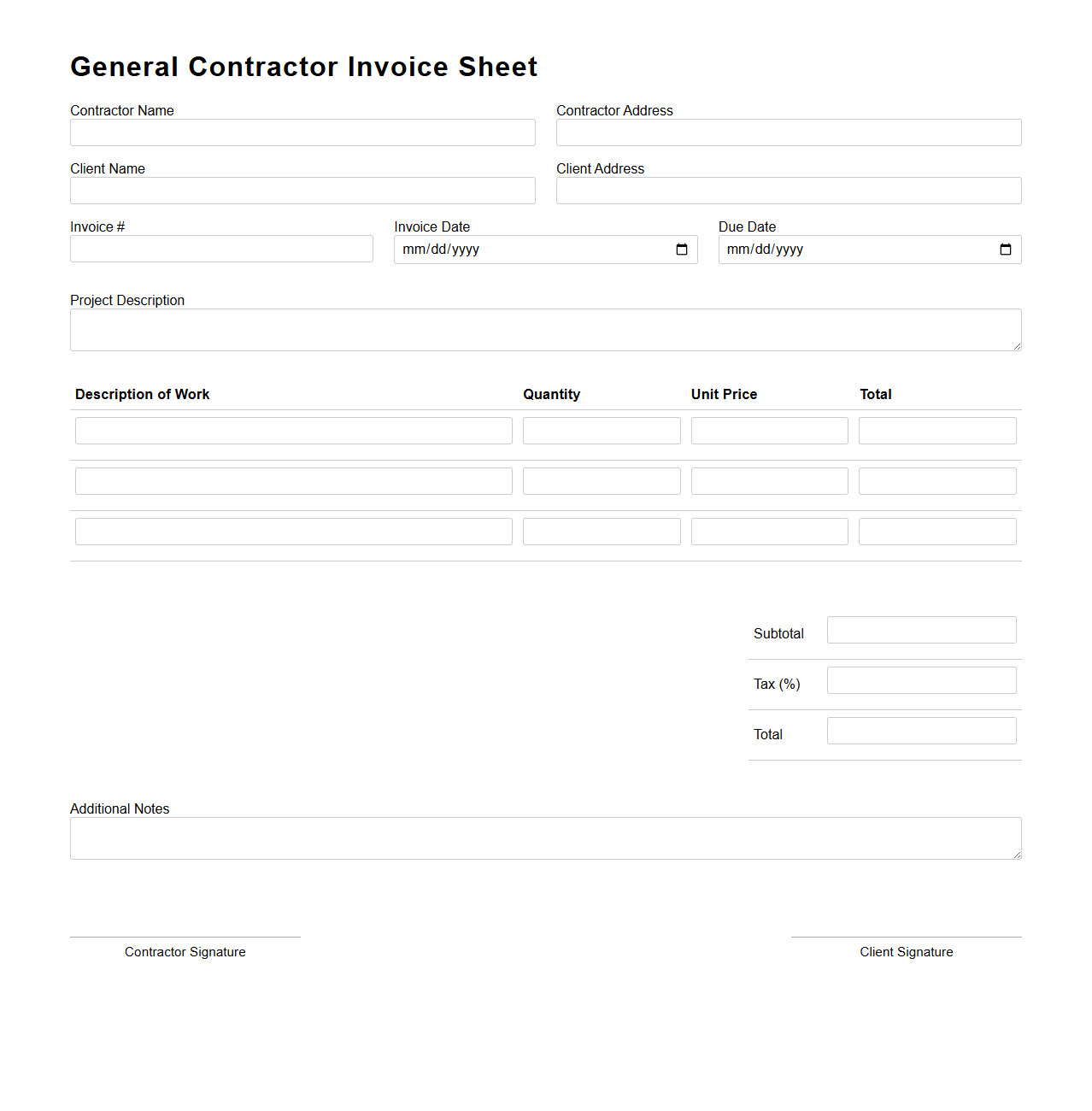 General Contractor Invoice Sheet