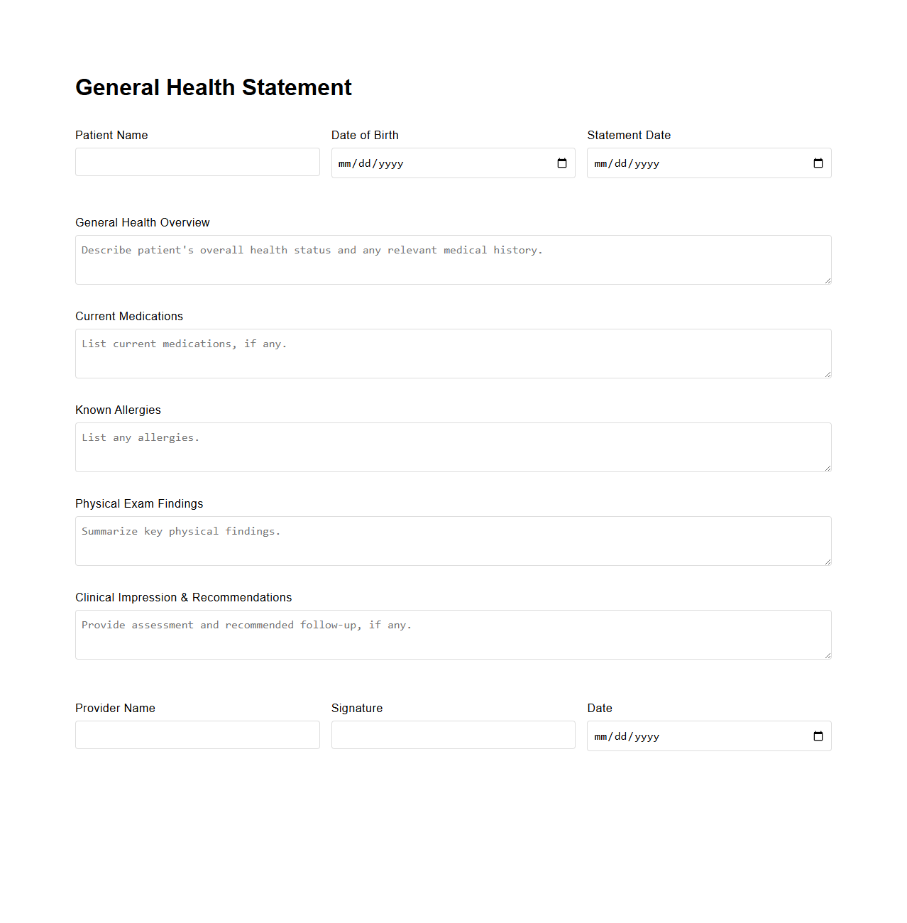 General Health Statement Template for Clinical Use