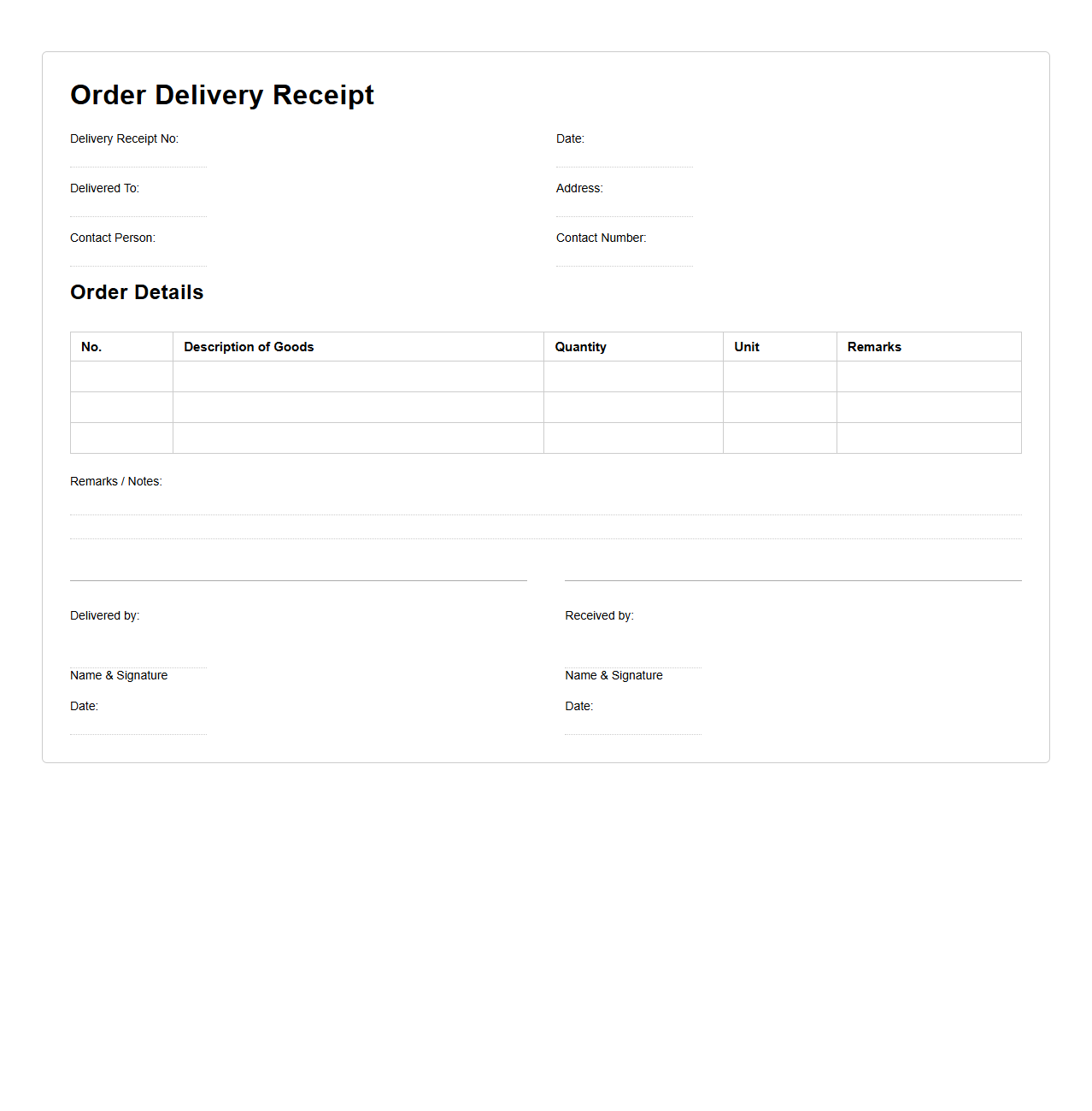 General Order Delivery Receipt Template