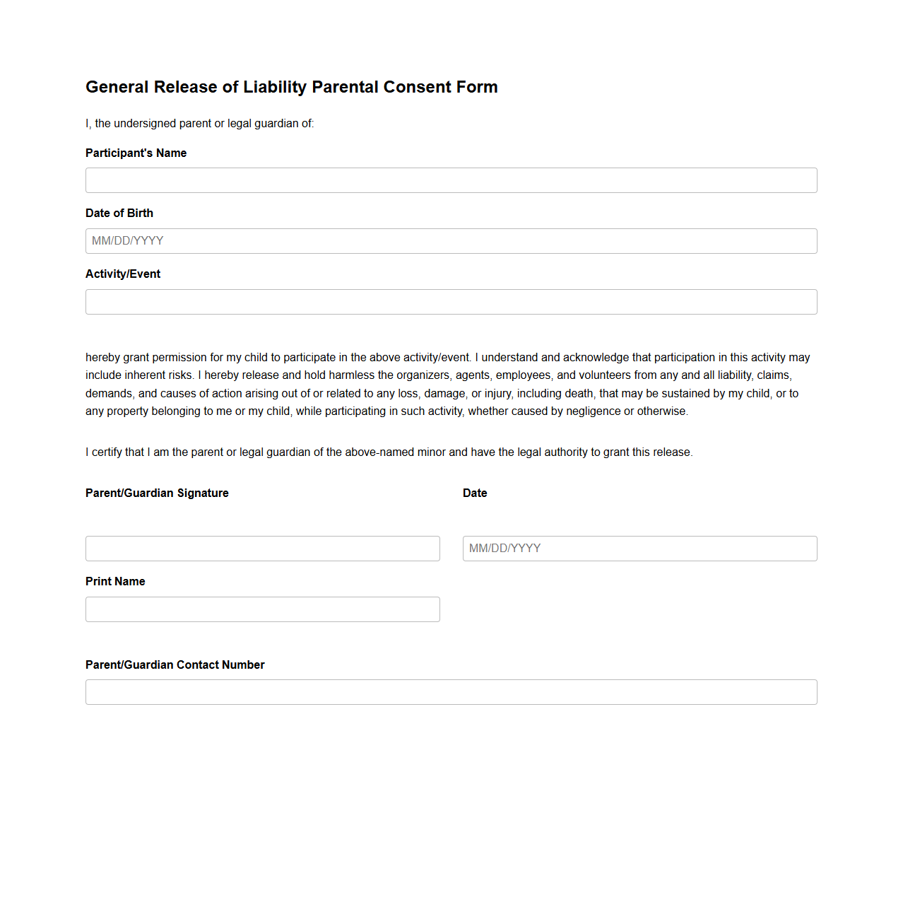 General Release of Liability Parental Consent Form