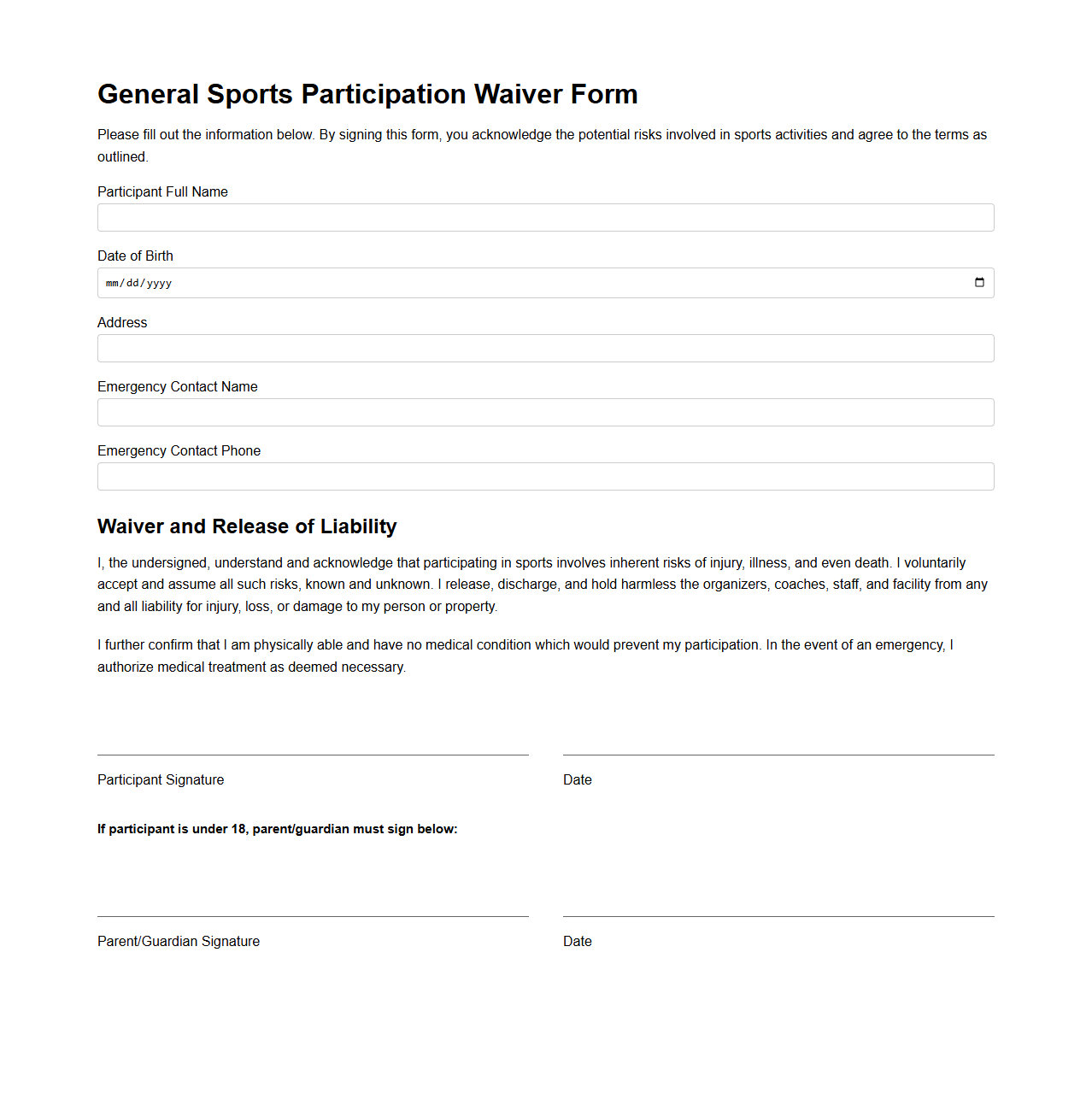 General Sports Participation Waiver Form