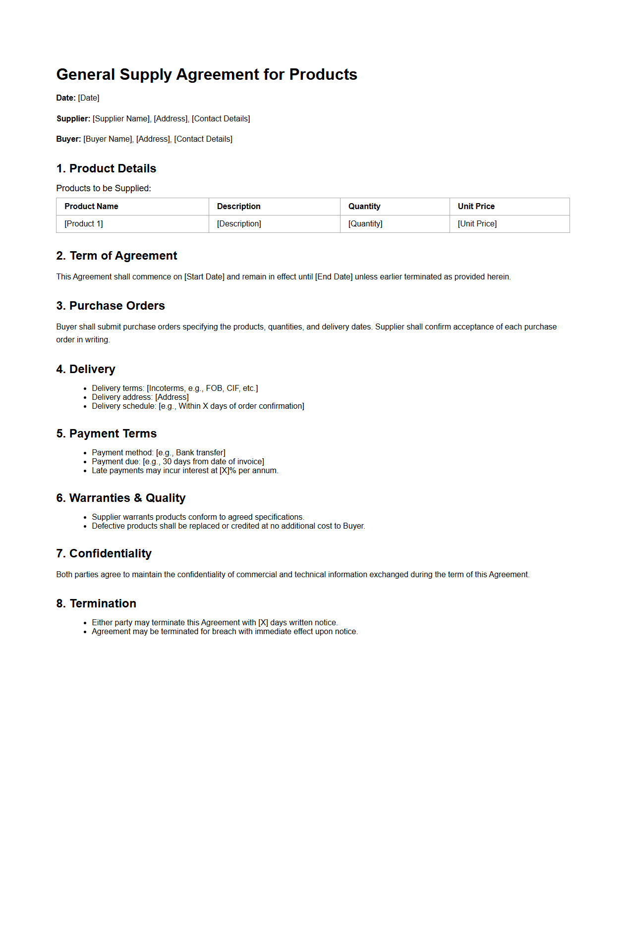General Supply Agreement for Products