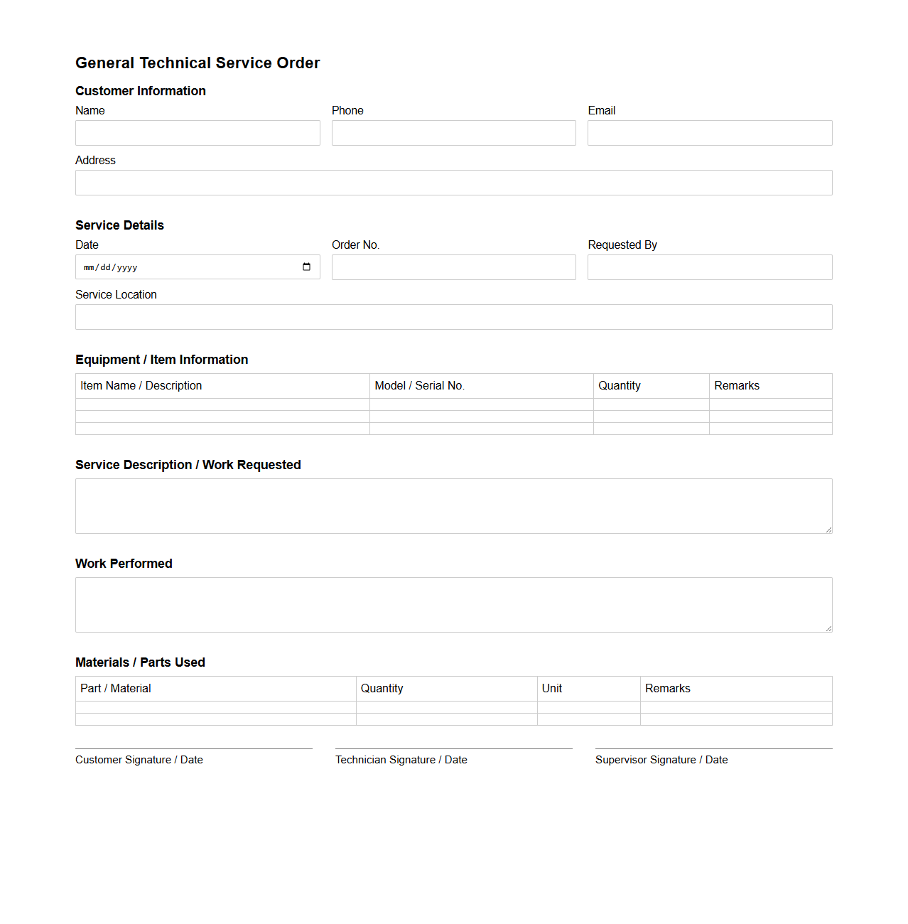 General Technical Service Order Blank