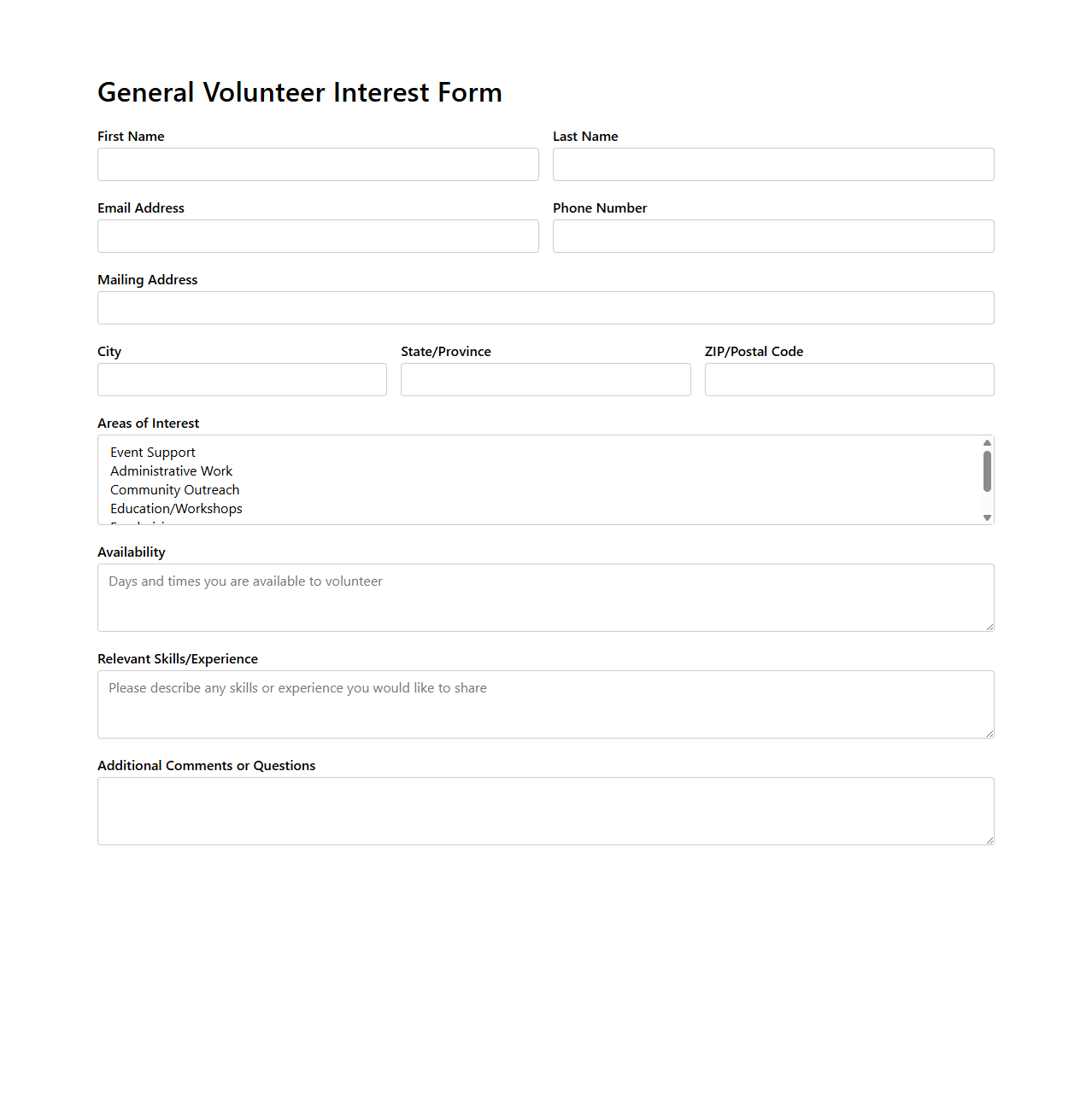 General Volunteer Interest Form for Community Organizations