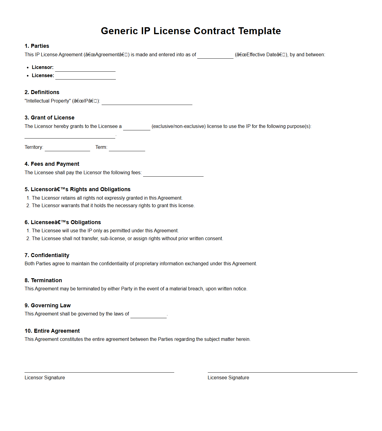 Generic IP License Contract Template