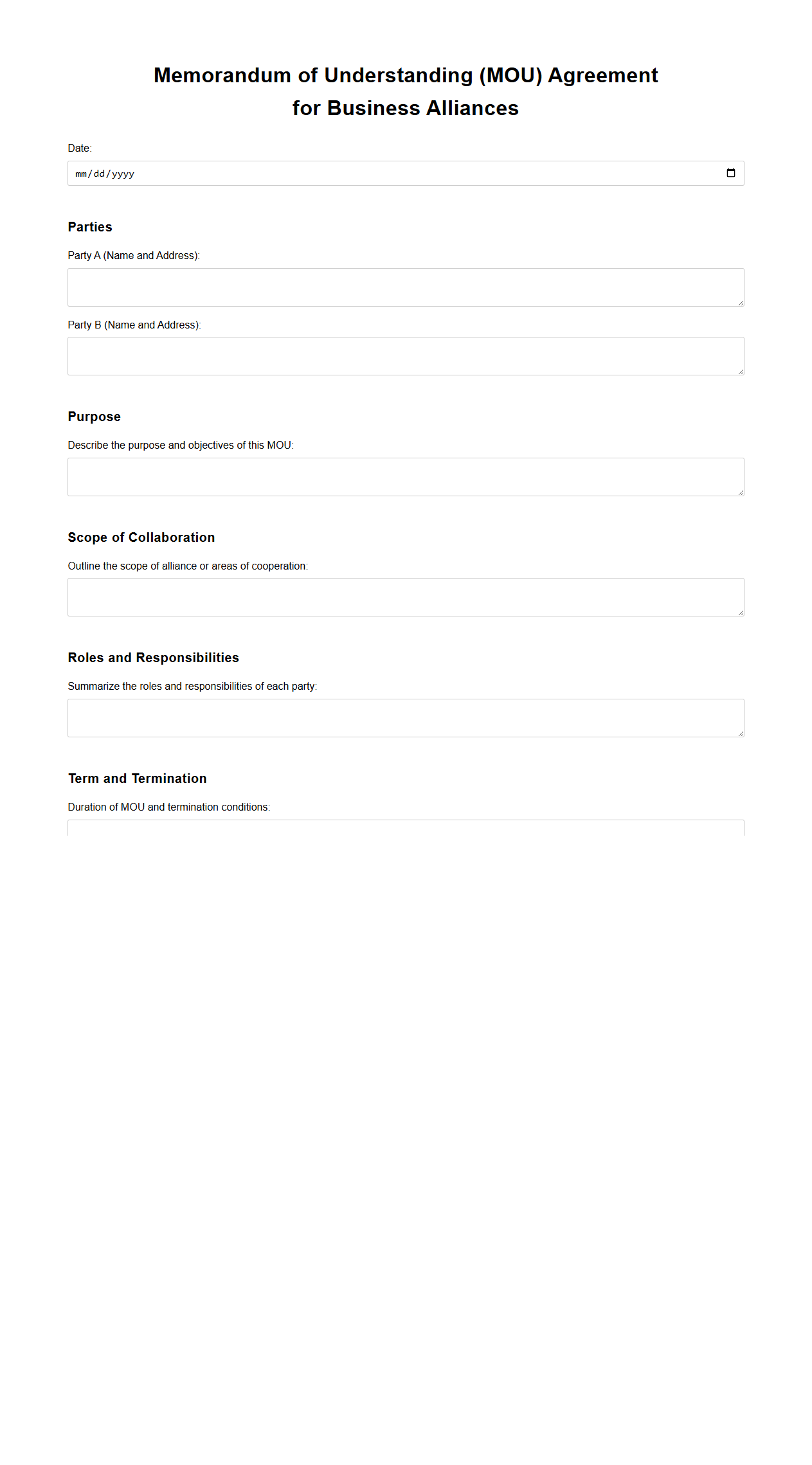 Generic MOU Agreement Form for Business Alliances