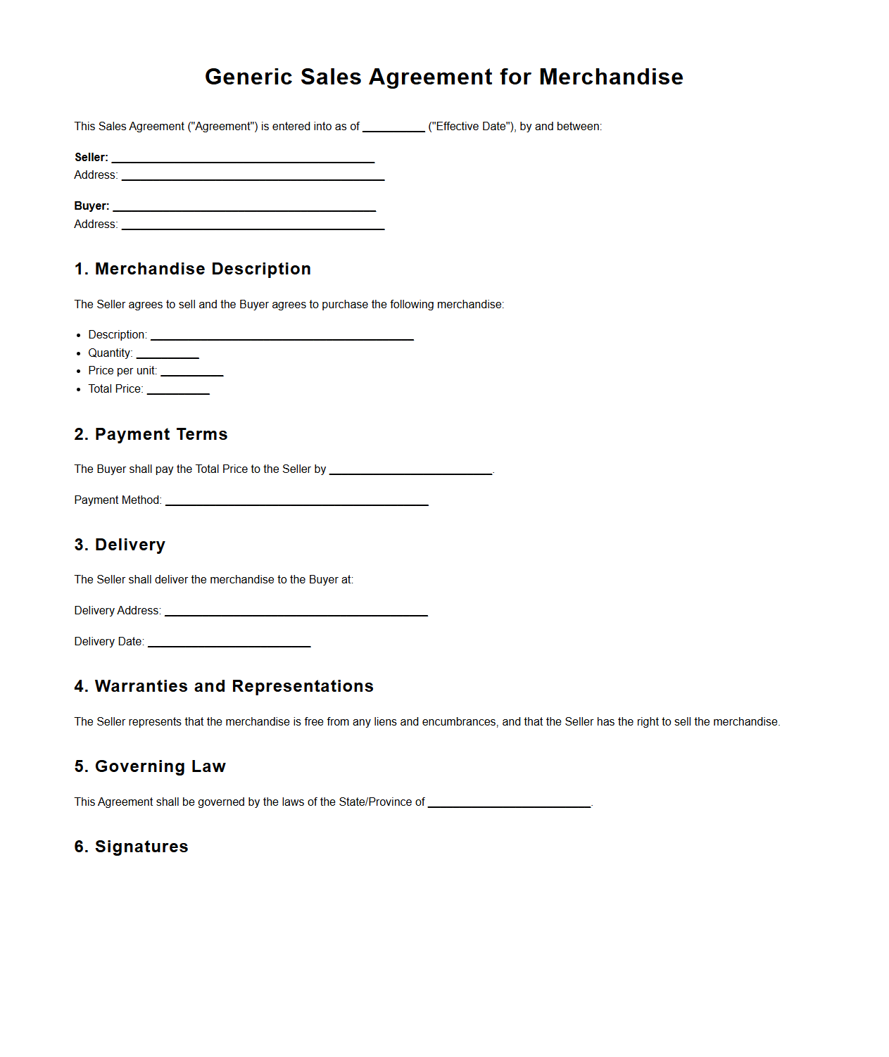 Generic Sales Agreement for Merchandise