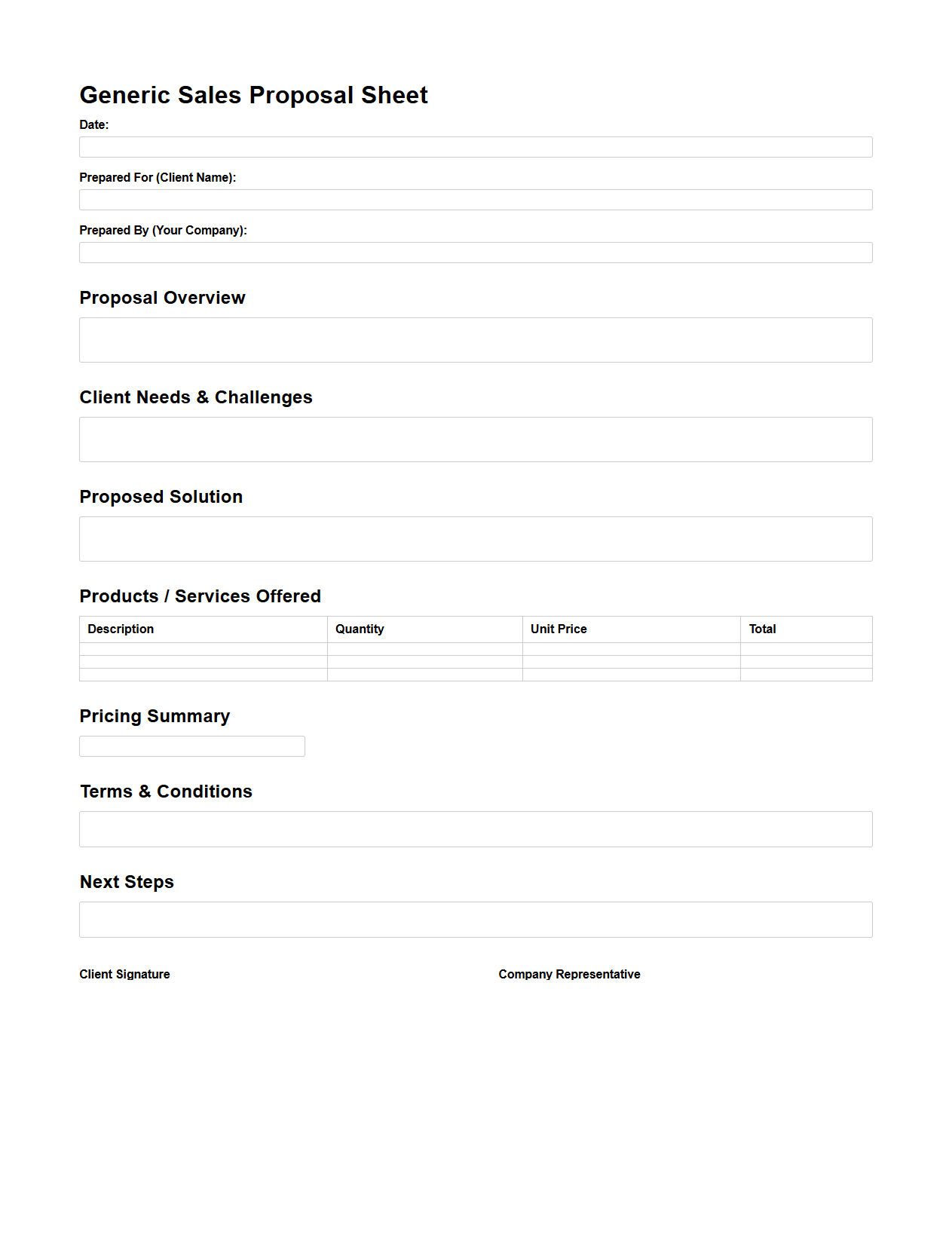 Generic Sales Proposal Sheet for Business Development