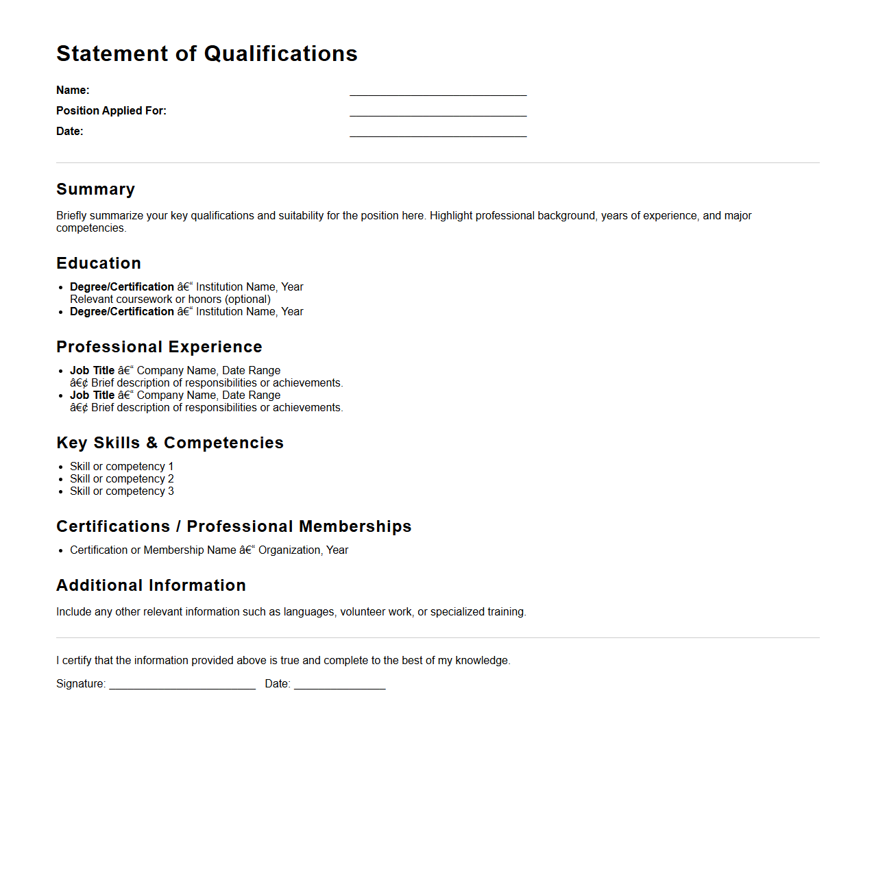 Generic Statement of Qualifications Layout for Employment