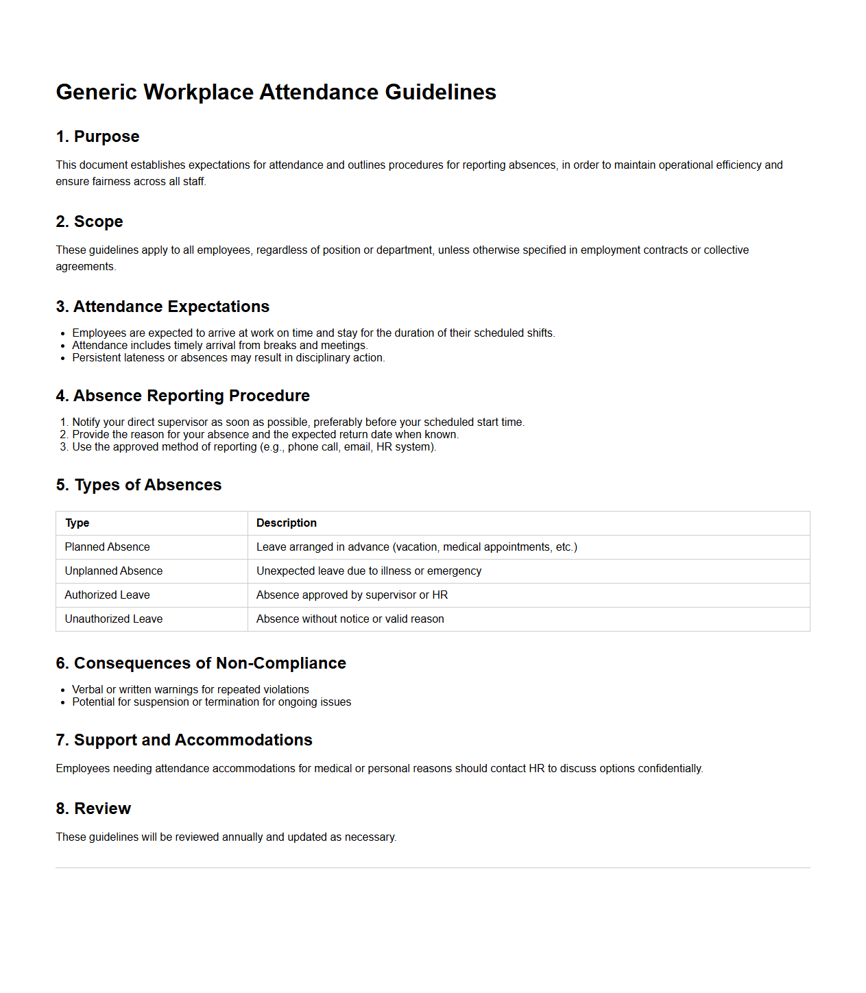 Generic Workplace Attendance Guidelines Document