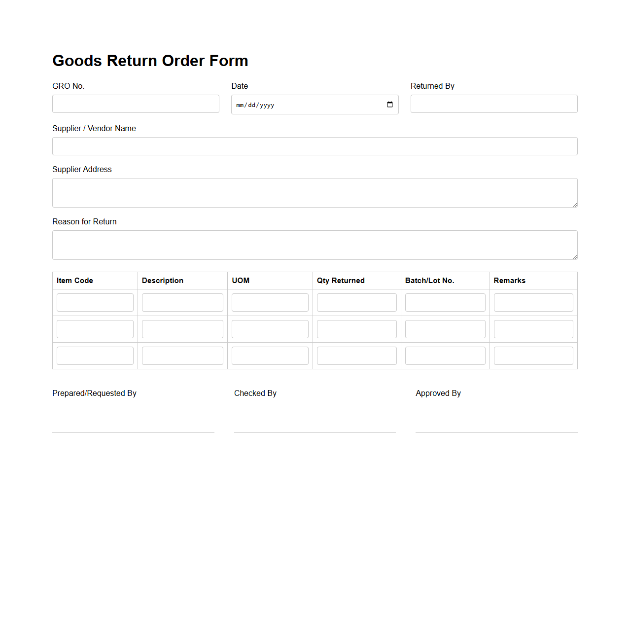 Goods Return Order Form