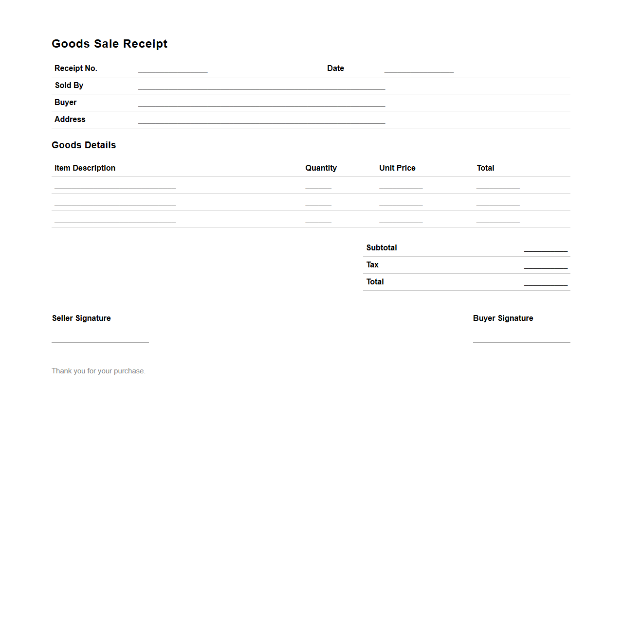 Goods Sale Receipt for Transactions