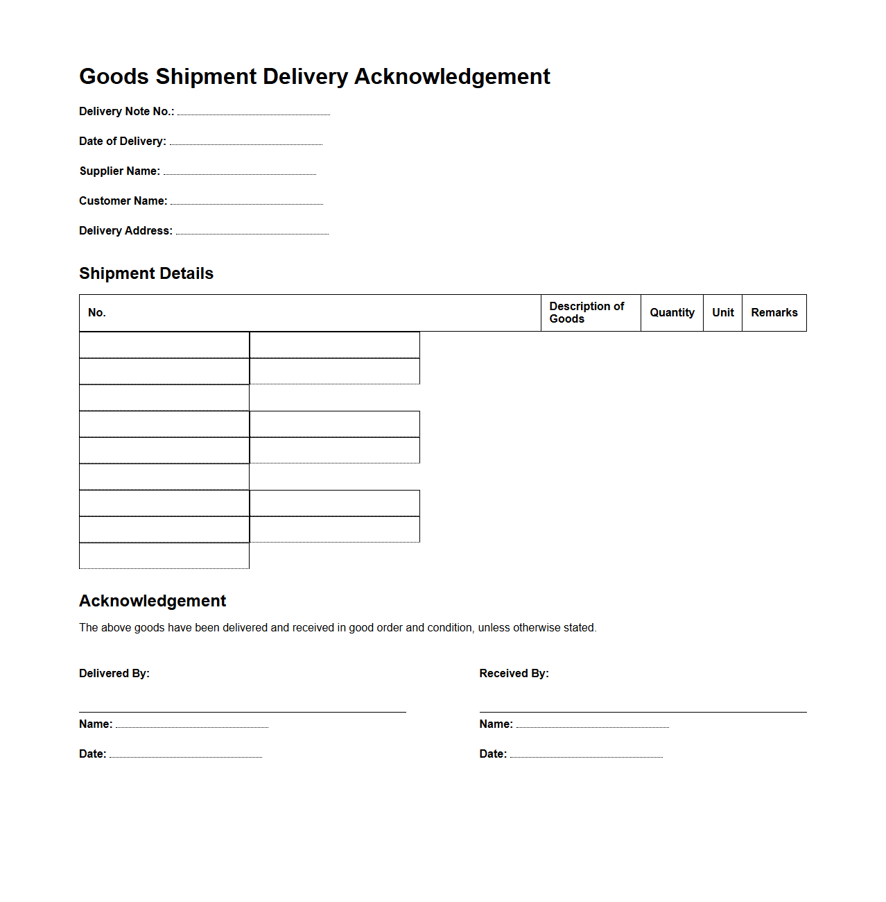 Goods Shipment Delivery Acknowledgement Template