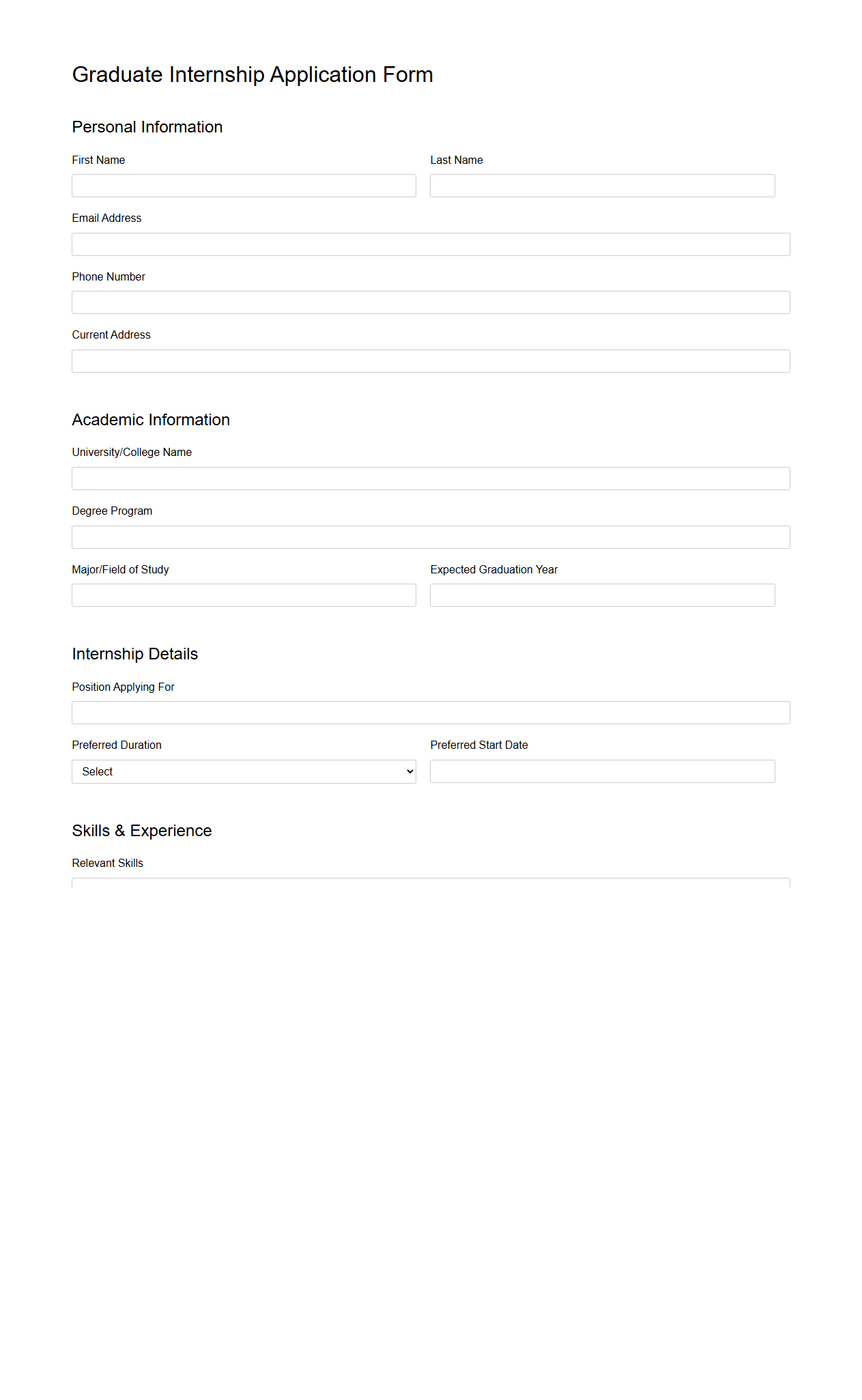 Graduate Internship Application Template for Students