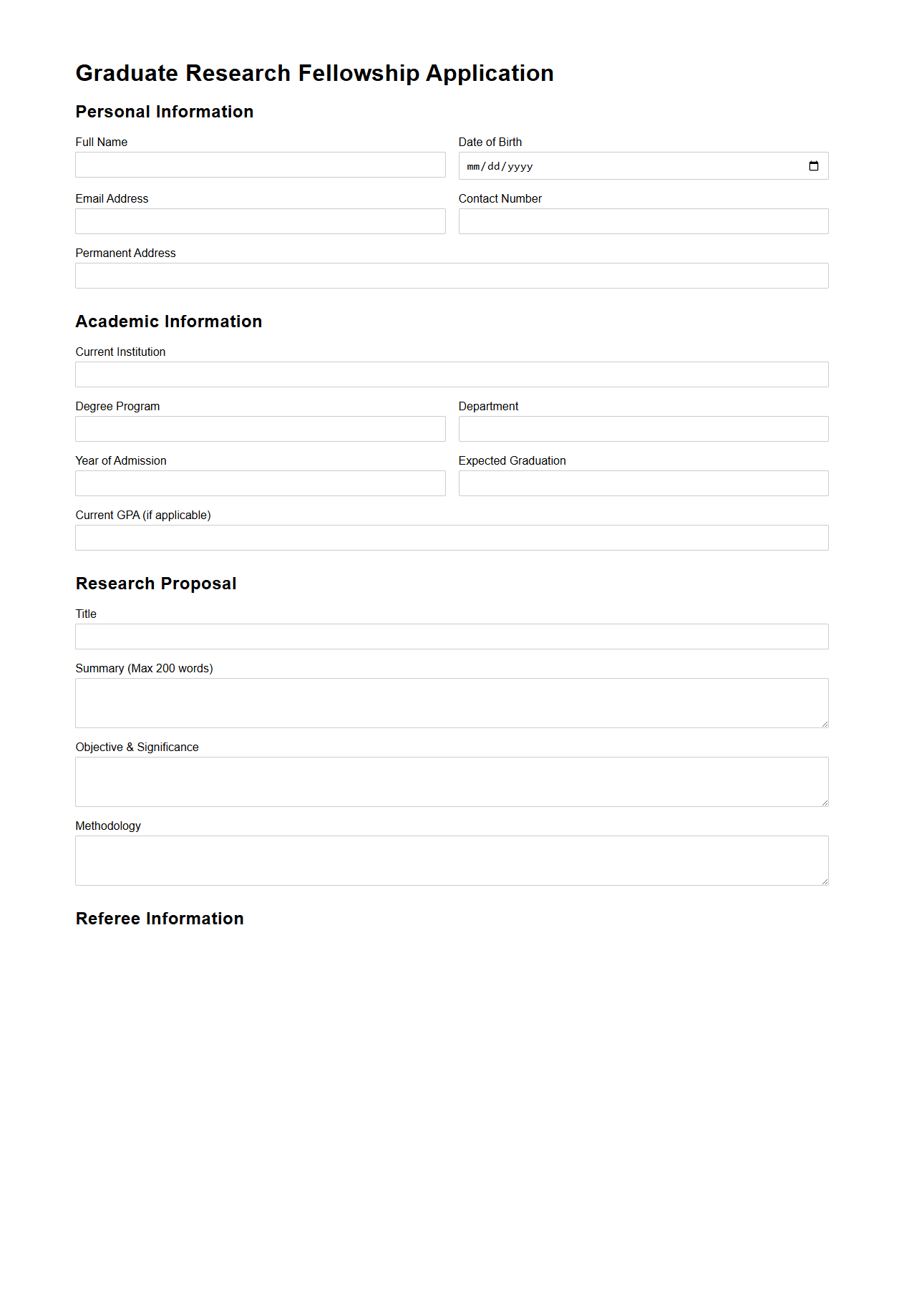 Graduate Research Fellowship Blank Application Format