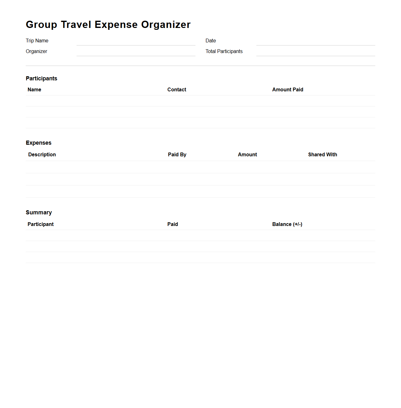 Group Travel Expense Organizer Template