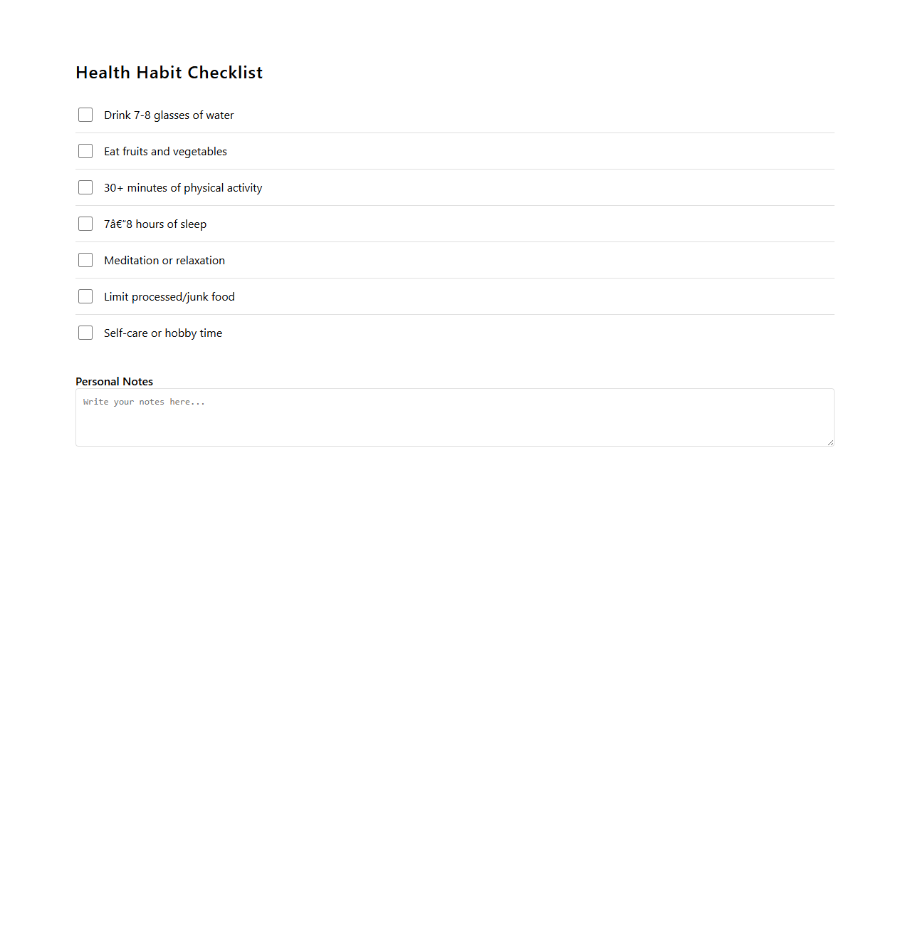 Health Habit Checklist for Personal Use