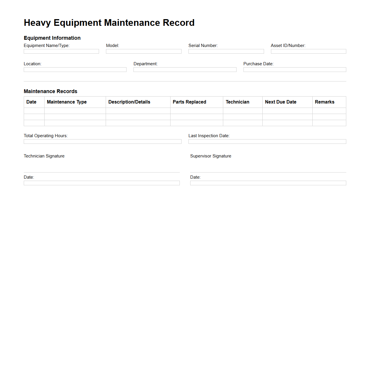 Heavy Equipment Maintenance Record Template