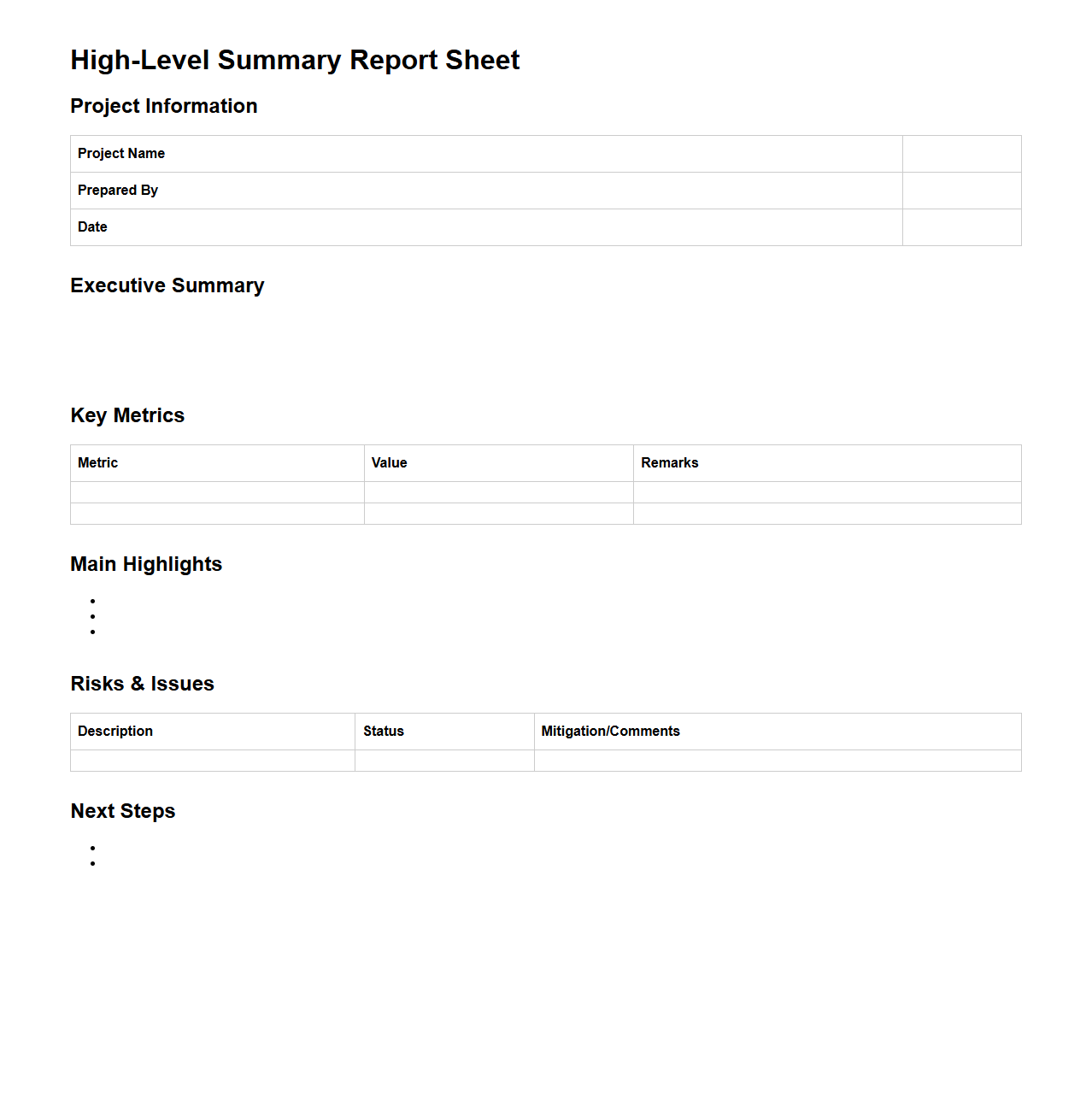 High-Level Summary Report Sheet