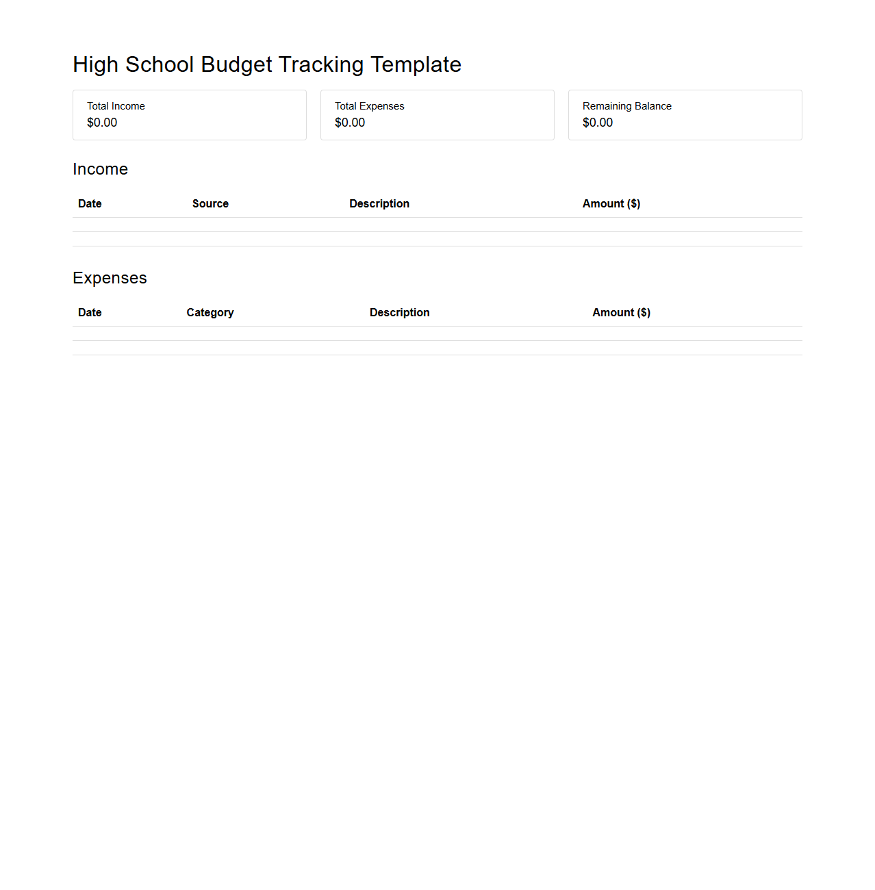 High School Budget Tracking Template