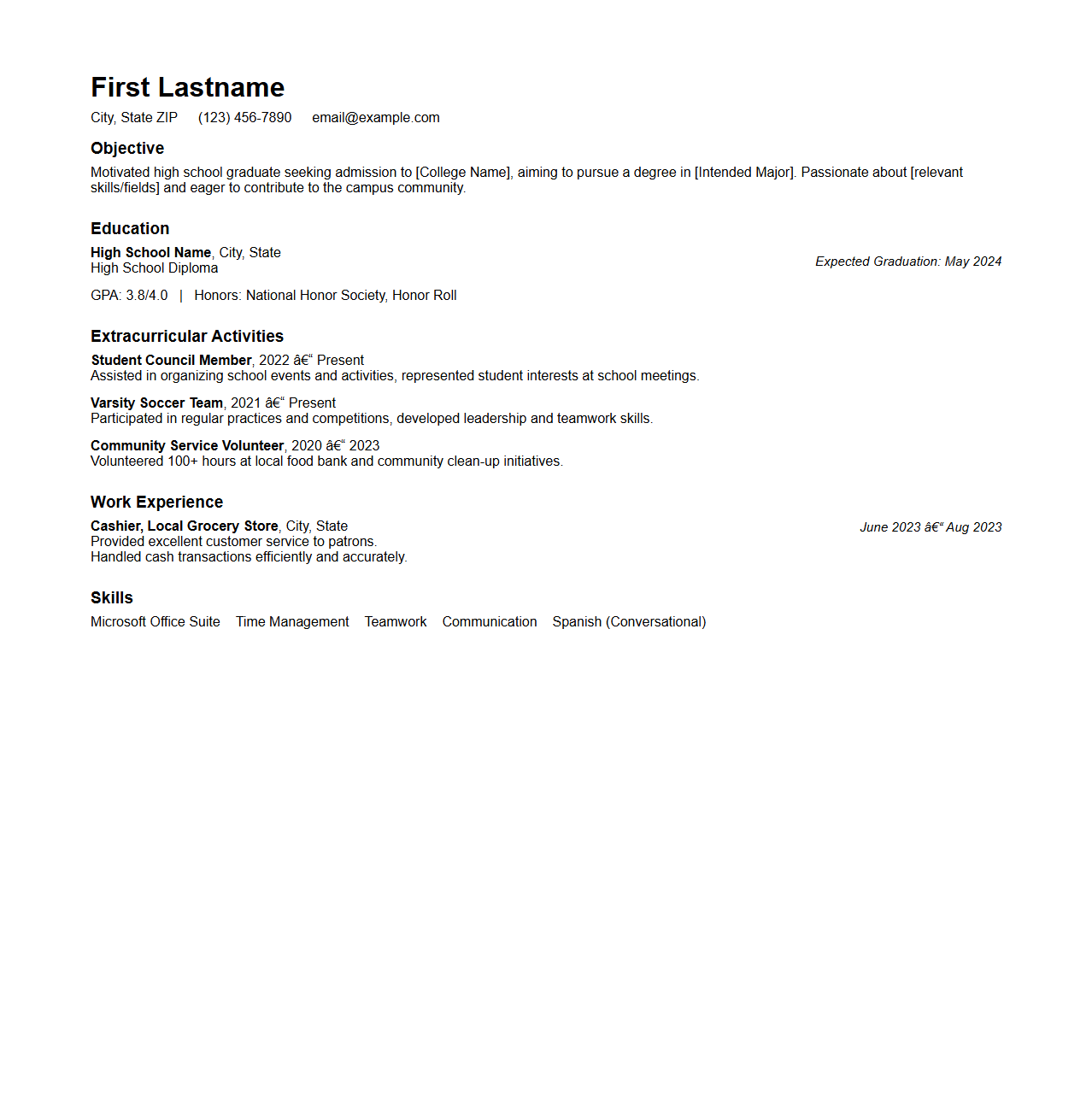 High School Graduate Resume Template for College Entry