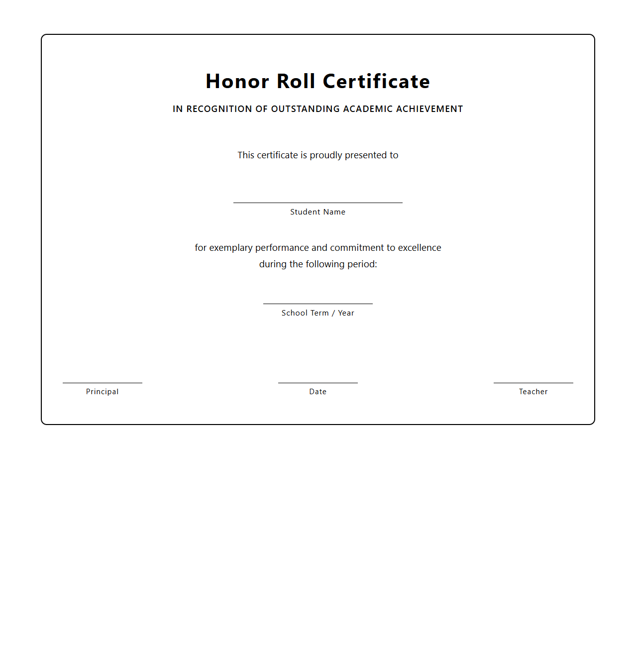 Honor Roll Student Blank Certificate Template