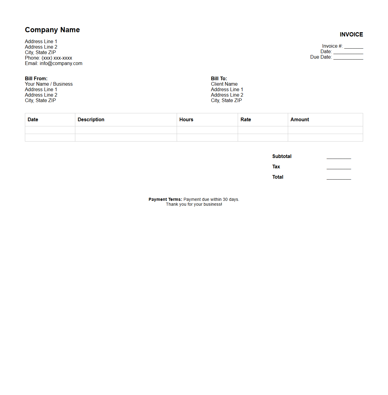 Hourly Service Invoice Template