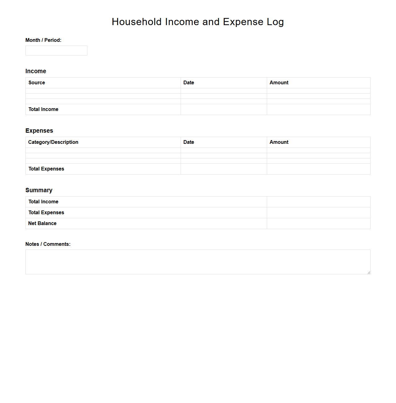 Household Income and Expense Log