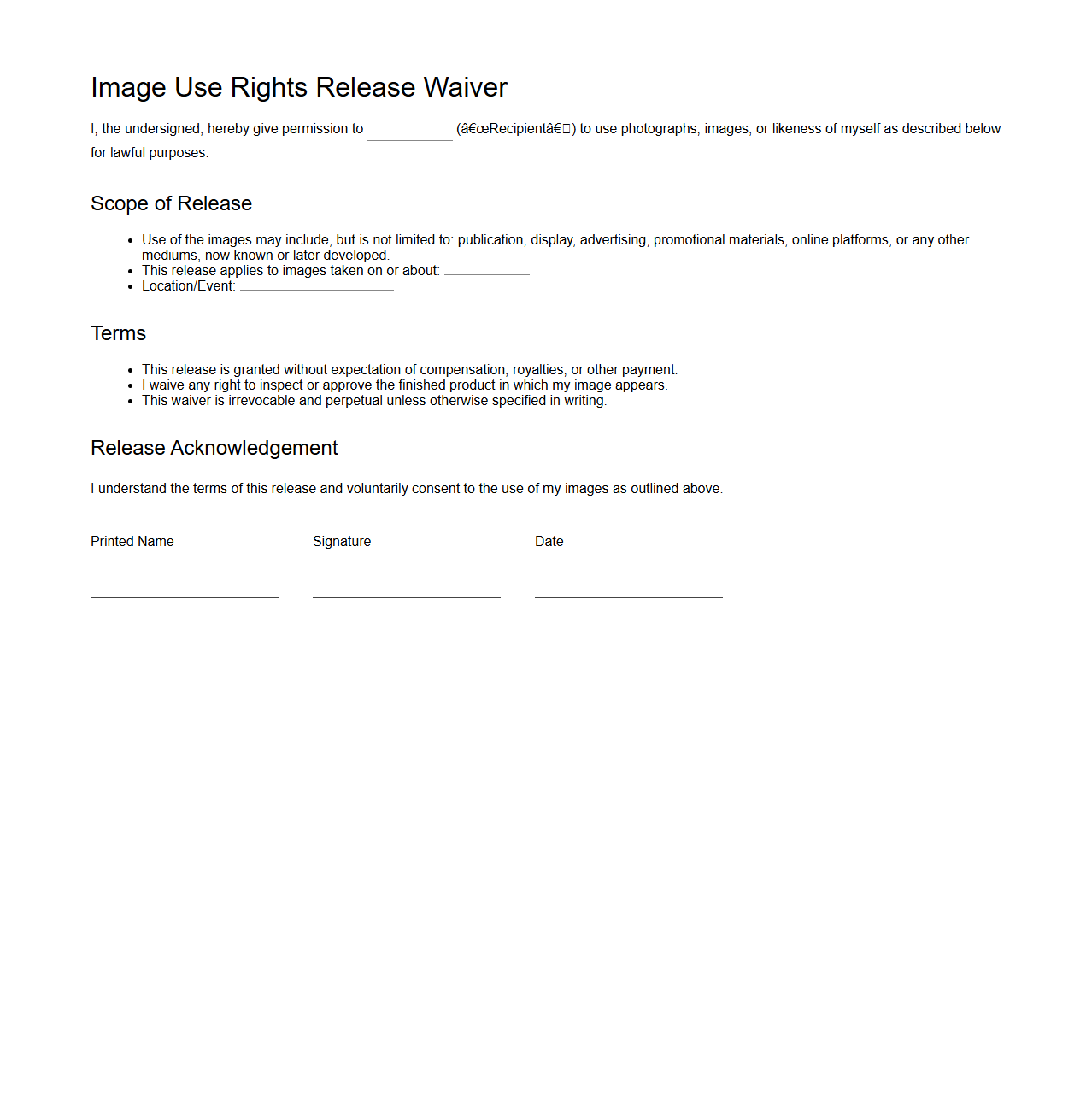 Image Use Rights Release Waiver Template