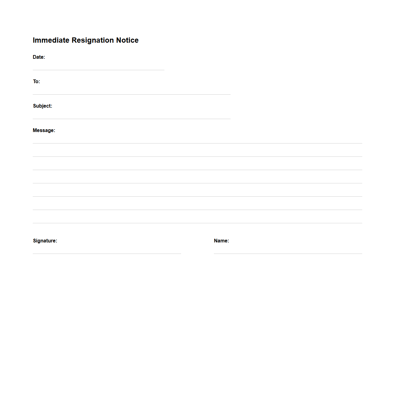 Immediate Resignation Notice Blank Sheet