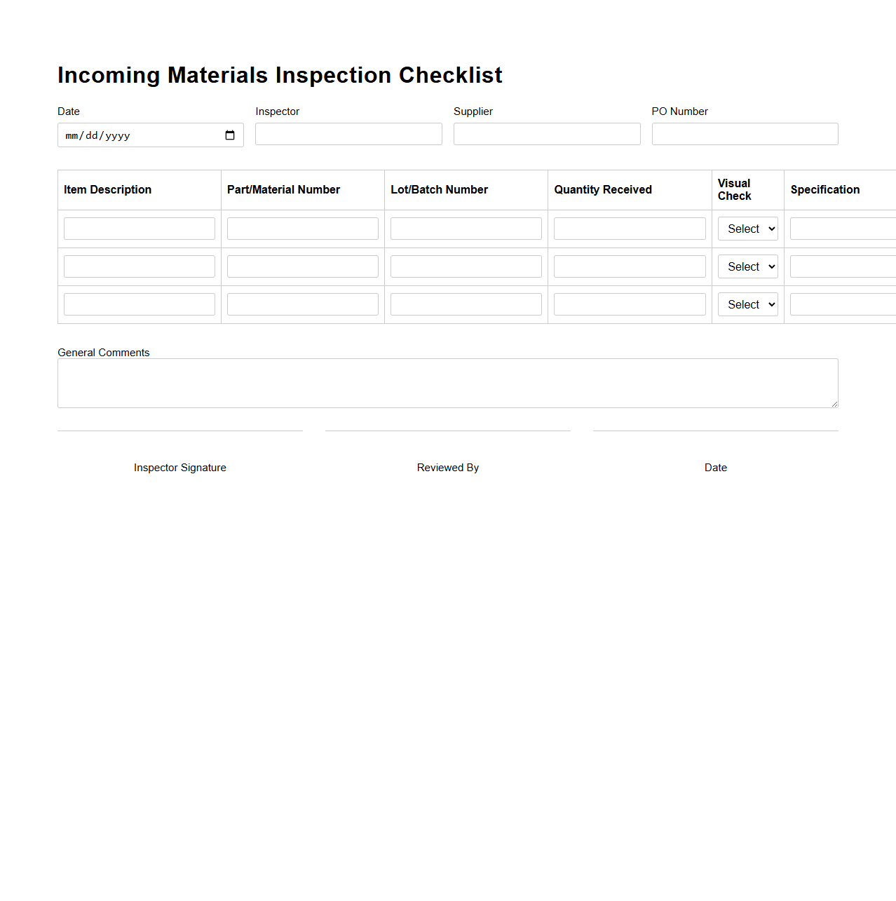 Incoming Materials Inspection Checklist